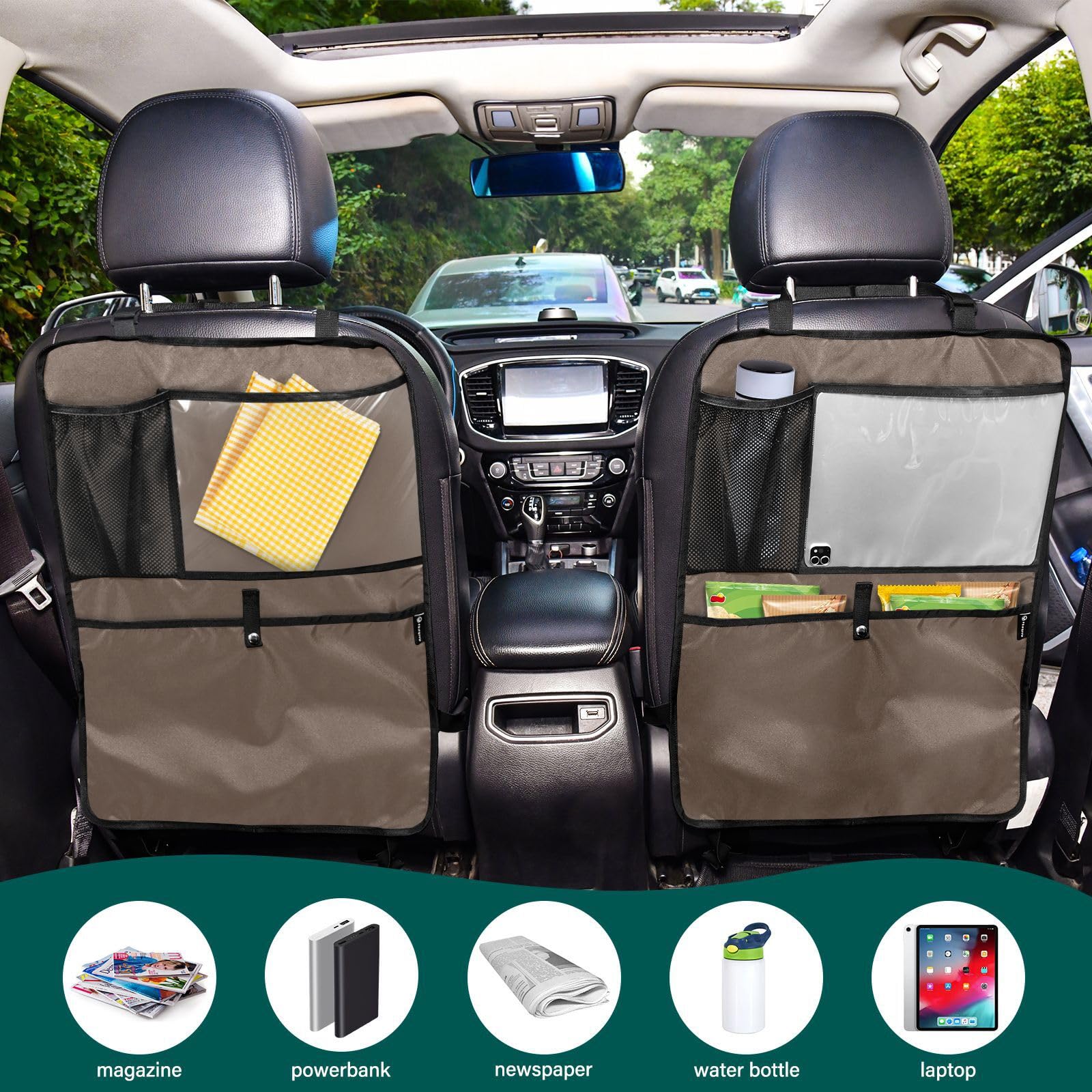**Sinestour Waterproof Brown Car Back Seat Kick Mats - 2 Pack, Scratch & Mud Resistant Backseat Protector with Storage Pockets for Kids - Perfect for SUVs, Minivans & Family Road Trips**