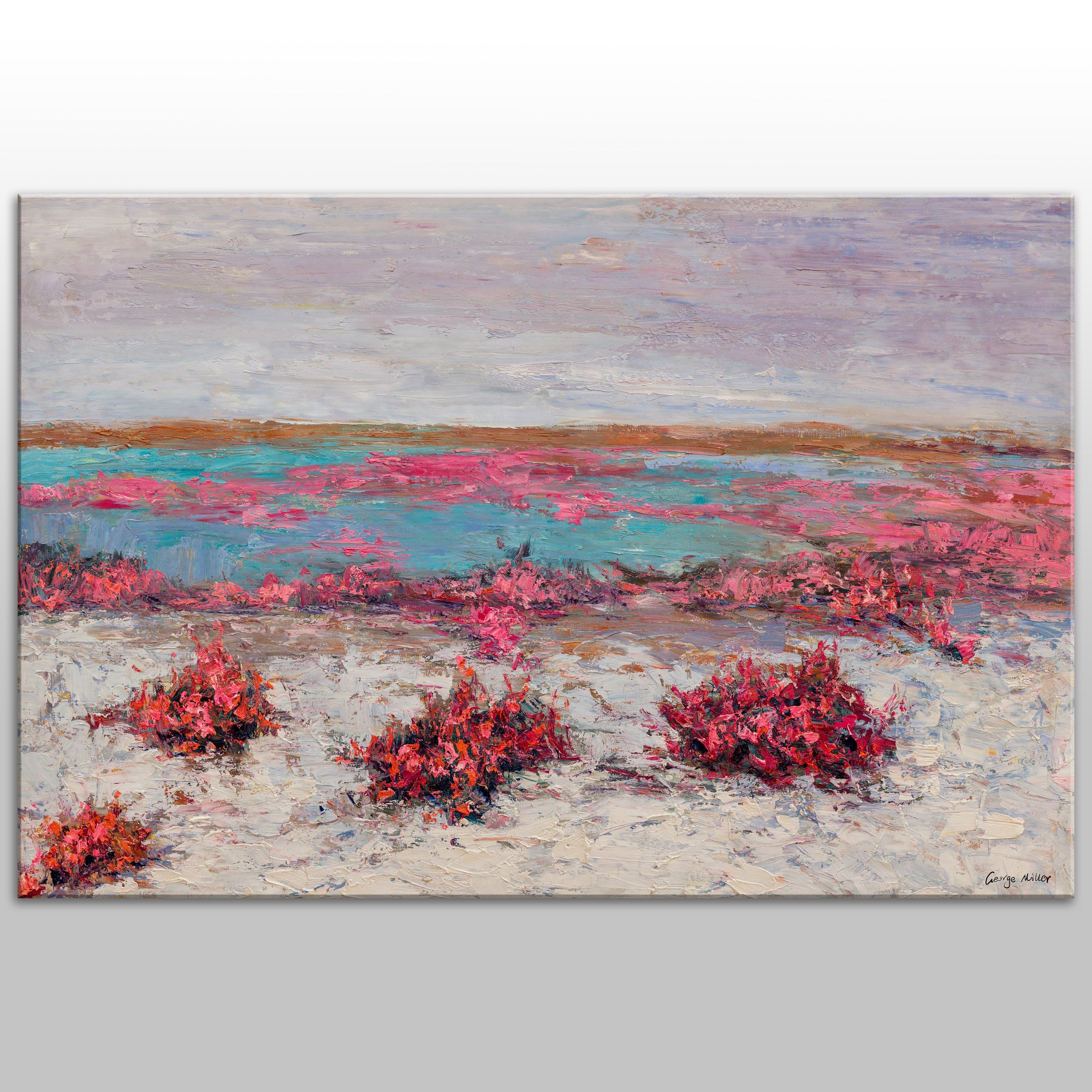 Large Original Oil Painting - Red Flowers By The Sea - Handmade Canvas Art - Ready to Hang Wall Decor - Rustic Home Decor for Living Room, Bedroom & Office
