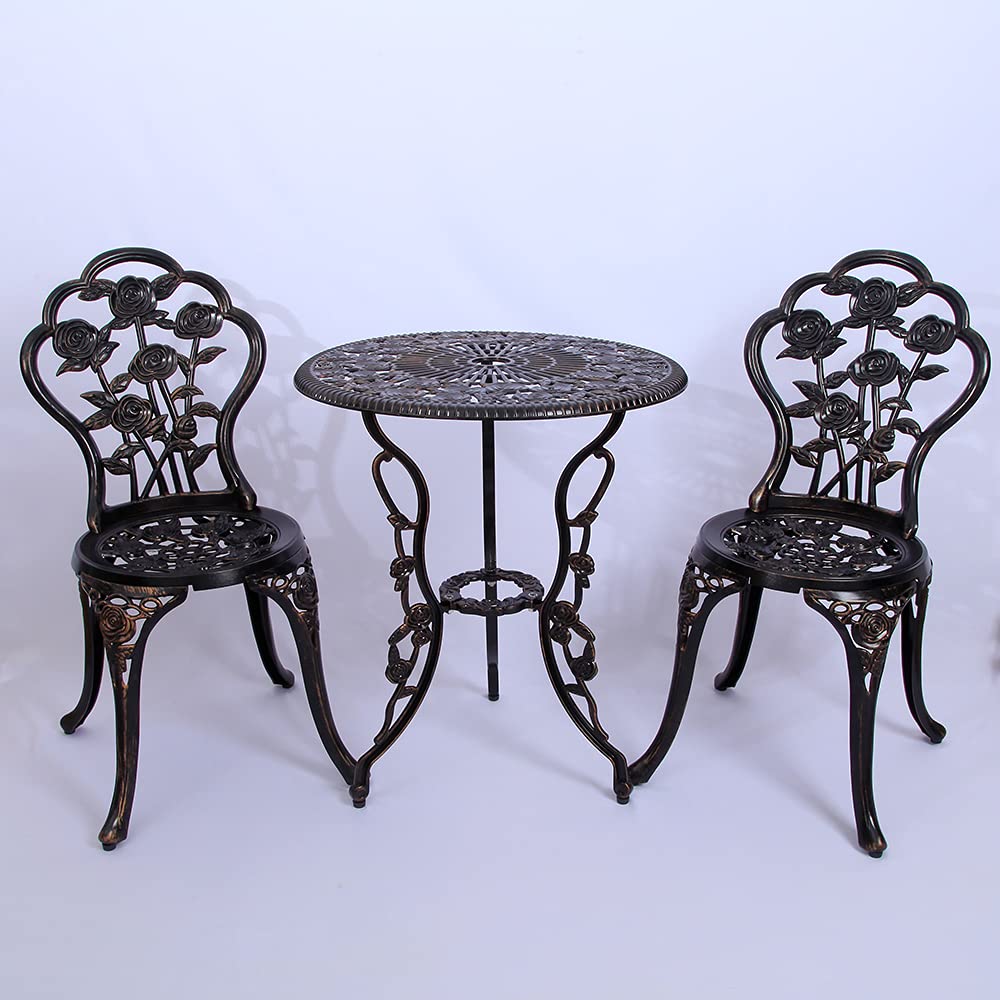 3-Piece Bistro Set with Rose Pattern Carving - Rust-Resistant Cast Aluminum Outdoor Dining Set in Antique Bronze Finish - Perfect for Garden, Patio, Lawn & Backyard Entertaining