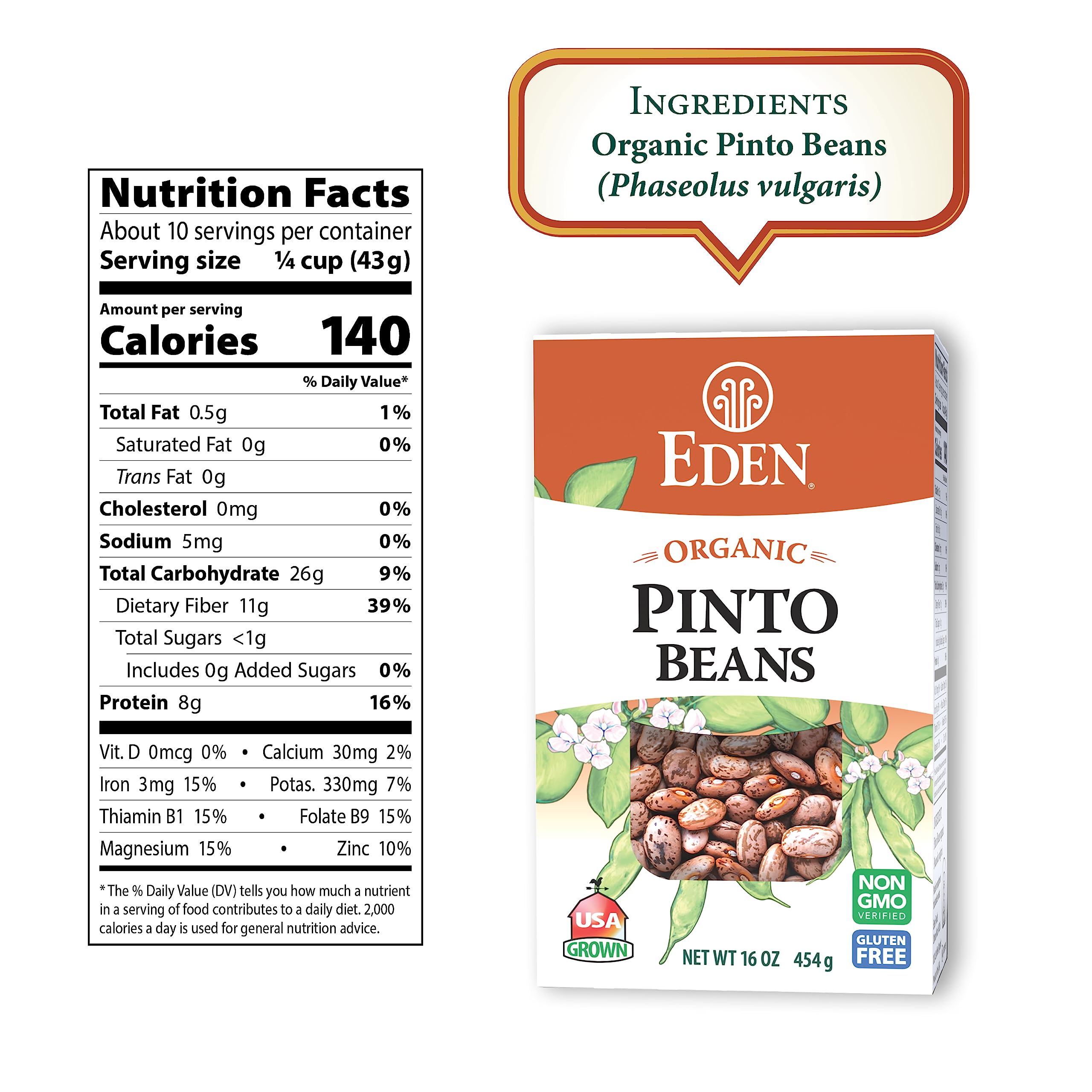 Eden Foods Organic Dry Pinto Beans - Gluten Free, Non-GMO, 16 Oz (Pack of 12) - Perfect for Healthy Cooking, Mexican Dishes & Meal Prep