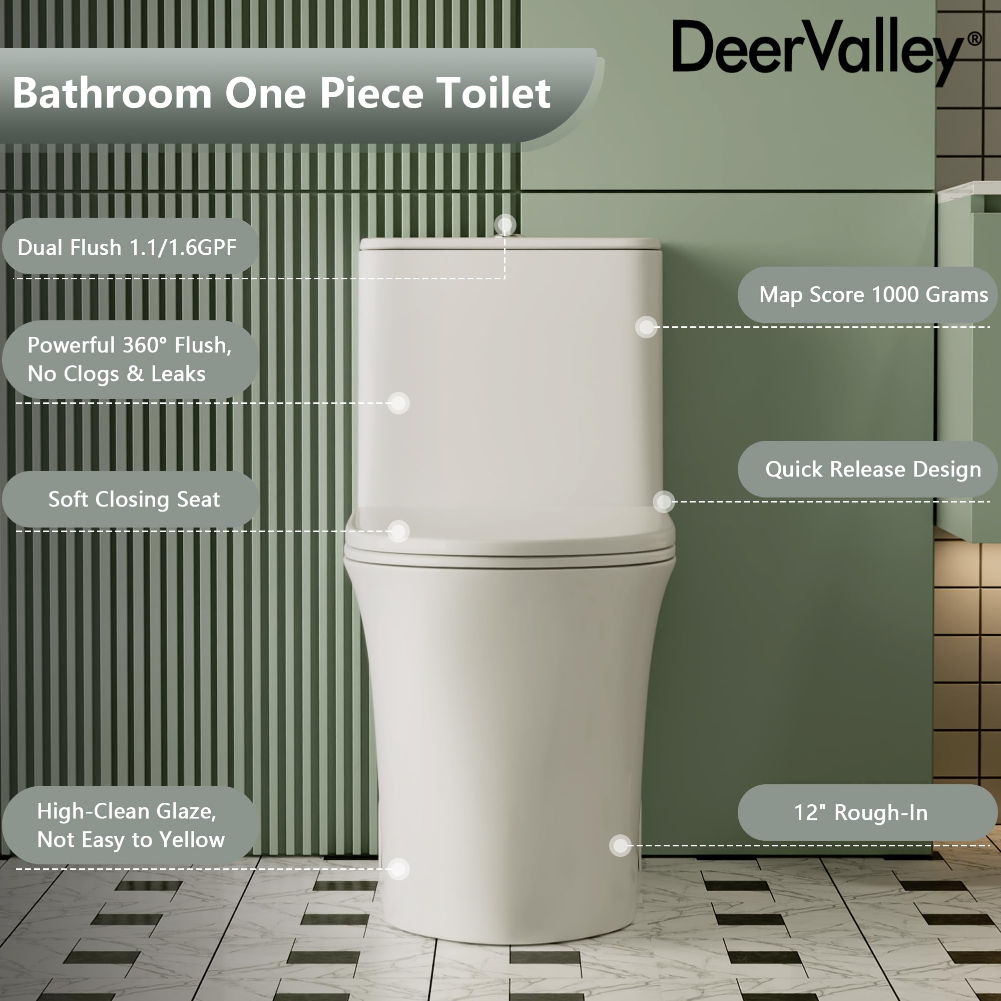 DeerValley Elongated One Piece Toilet with Soft-Close Seat - Dual Flush 1.1/1.6 GPF, 1000g MAP Rating, White Skirted Design, 12
