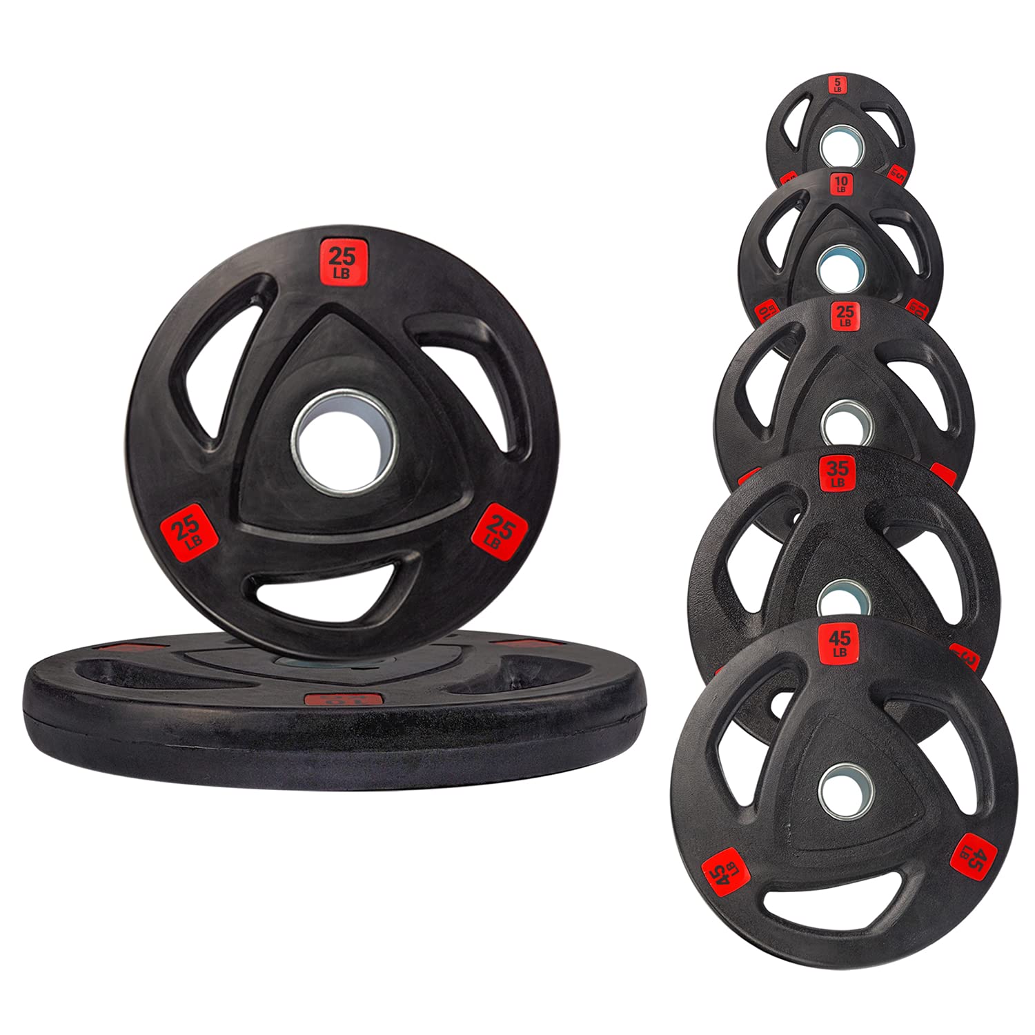 Strongway® Olympic Weight Plates (5LB, 10LB, 25LB, 35LB, 45LB) - 2 Inch Hole Rubber Coated Cast Iron Discs for Barbell Training - Tri-Grip Design for Home Gym & CrossFit Workouts