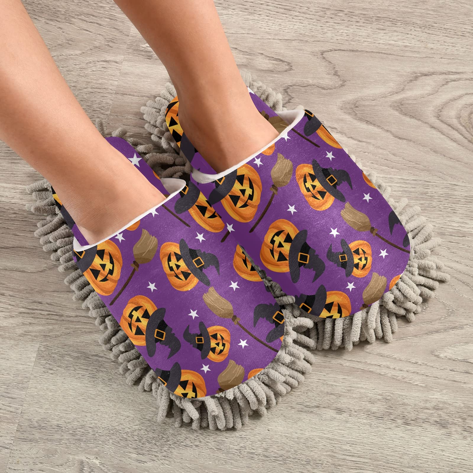 Halloween Pumpkin Mop Slippers - Witch Hat & Stars Design - Soft House Cleaning Shoes for Dusting & Spa - Unisex Home Slippers for Men & Women - Perfect for Halloween Parties, Home Cleaning & Relaxation