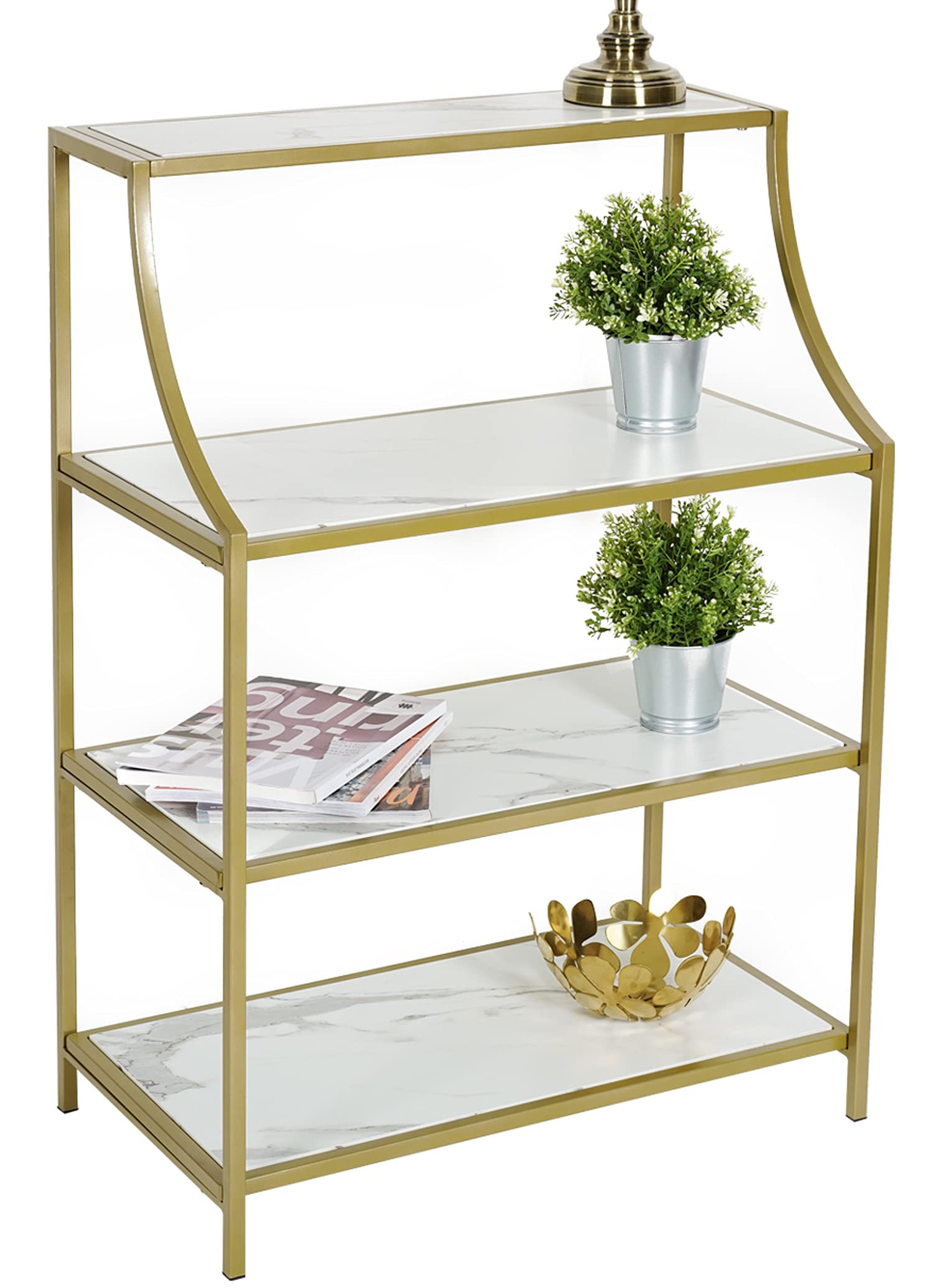 Narrow Console Table with Gold Metal Frame & White Marble MDF Top - 4-Tier Shelving Storage Entryway Table | Modern Sofa Table for Hallway, Living Room & Behind Couch | Perfect for Small Spaces, Apartment Decor & Home Organization (White & Gold)