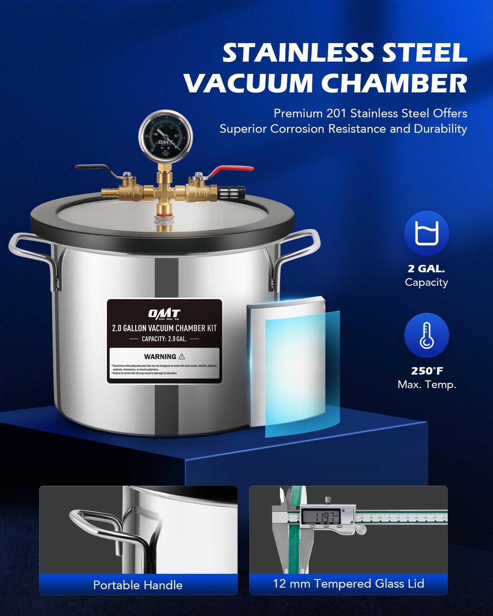 Orion Motor Tech 2 Gallon Vacuum Chamber Kit with 3.5 CFM Vacuum Pump, Tempered Glass Lid & 5ft Hose - Perfect for Wood Stabilization, Silicone Resin Degassing, Epoxy Casting & DIY Projects