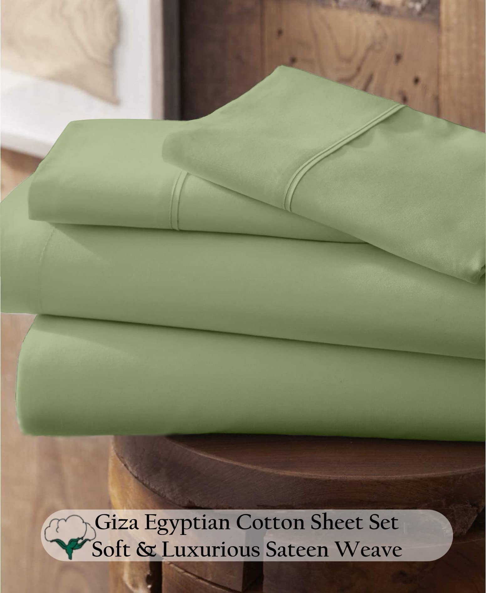 100% Certified Giza Cotton Pillowcase & Sheet Set - RV Short Queen Size, Soft Sateen Weave, Breathable Egyptian Cotton - Fits 18-Inch Deep Pockets - Sage Green - Perfect for RV, Camping & Guest Bedrooms