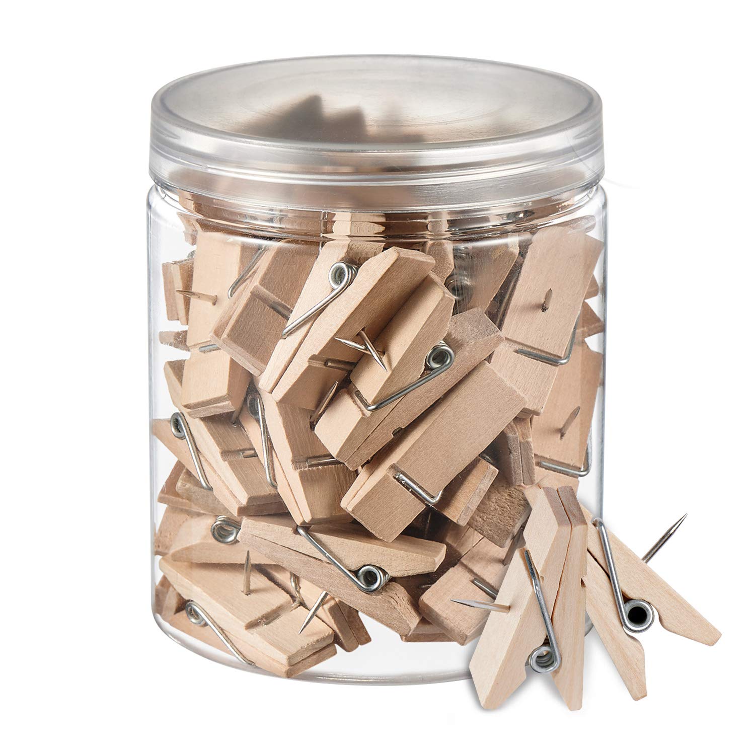 50 Pack Natural Wooden Push Pins with Clips - Decorative Thumb Tacks for Cork Boards, Photos, Notes & Artwork - Perfect for Office, Home, School & DIY Craft Projects (Bulletin Board, Wall Decor, Scrapbooking)