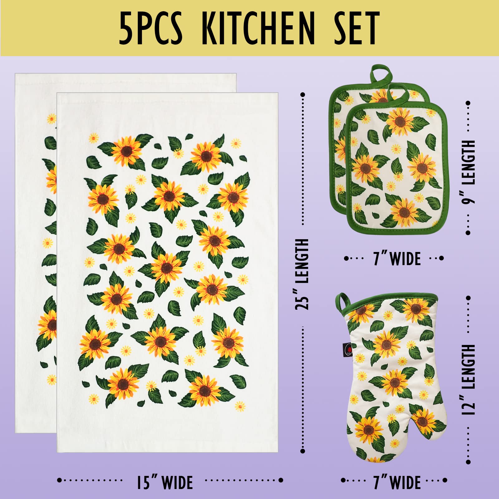 Heat Resistant Oven Mitts and Potholders Set - 100% Cotton Kitchen Accessories for Baking, Cooking & Gifting (5-Piece Sunflower Design) - Perfect for Holiday Meals, BBQ Grilling & Home Kitchen Use