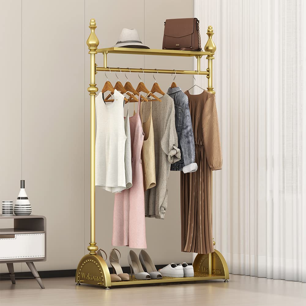Gold Industrial Clothing Rack - Heavy Duty Freestanding Garment Rack with Double Shelves | Movable Metal Coat Rack for Organizing Clothes & Shoes | Perfect for Bedroom Closet, Retail Store Display & Laundry Room Organization