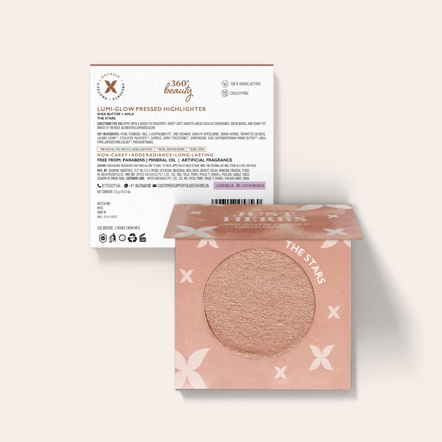 Just Herbs Lumi Glow Pressed Highlighter - Shea Butter & Vitamin C Face Makeup - 3.5g (The Stars) - Natural Radiance for Cheekbones, Nose & Décolletage - Perfect for Day & Night Glow