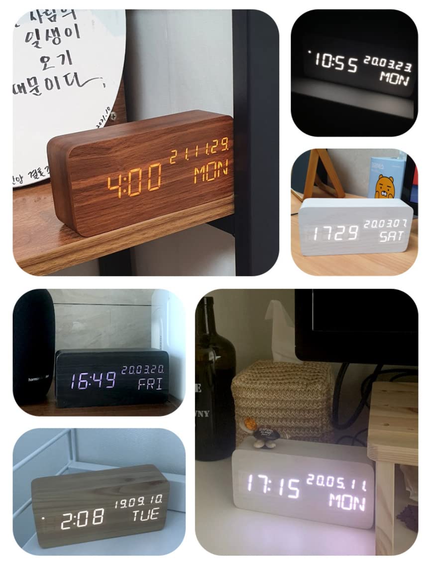 Wooden Digital Alarm Clock with Large LED Display - Shows Time, Date (MM/DD/YY), Day, Temperature & Night Light - Perfect for Bedroom, Office, School & Home Decor - Portable Desk Lamp for Living Room, Kids Room & Nightstand (White)
