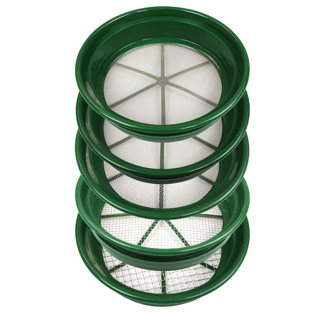 5-Piece Green Plastic Classifier Sifter Pan Set - Stackable Gold Mining Prospecting Kit for Gemstones, Fossils & Beach Treasure Hunting