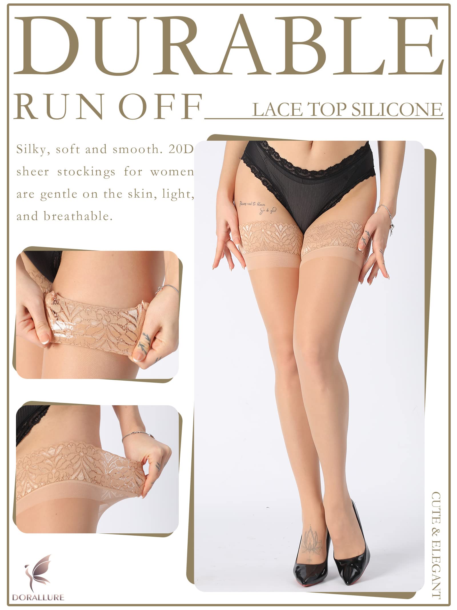 DORALLURE Women's Thigh High Stockings - Silicone Lace Top Stay-Up Silky Semi-Sheer Pantyhose | Comfortable Nylon Hold-Up Stockings for Everyday Wear, Date Night & Office Outfits