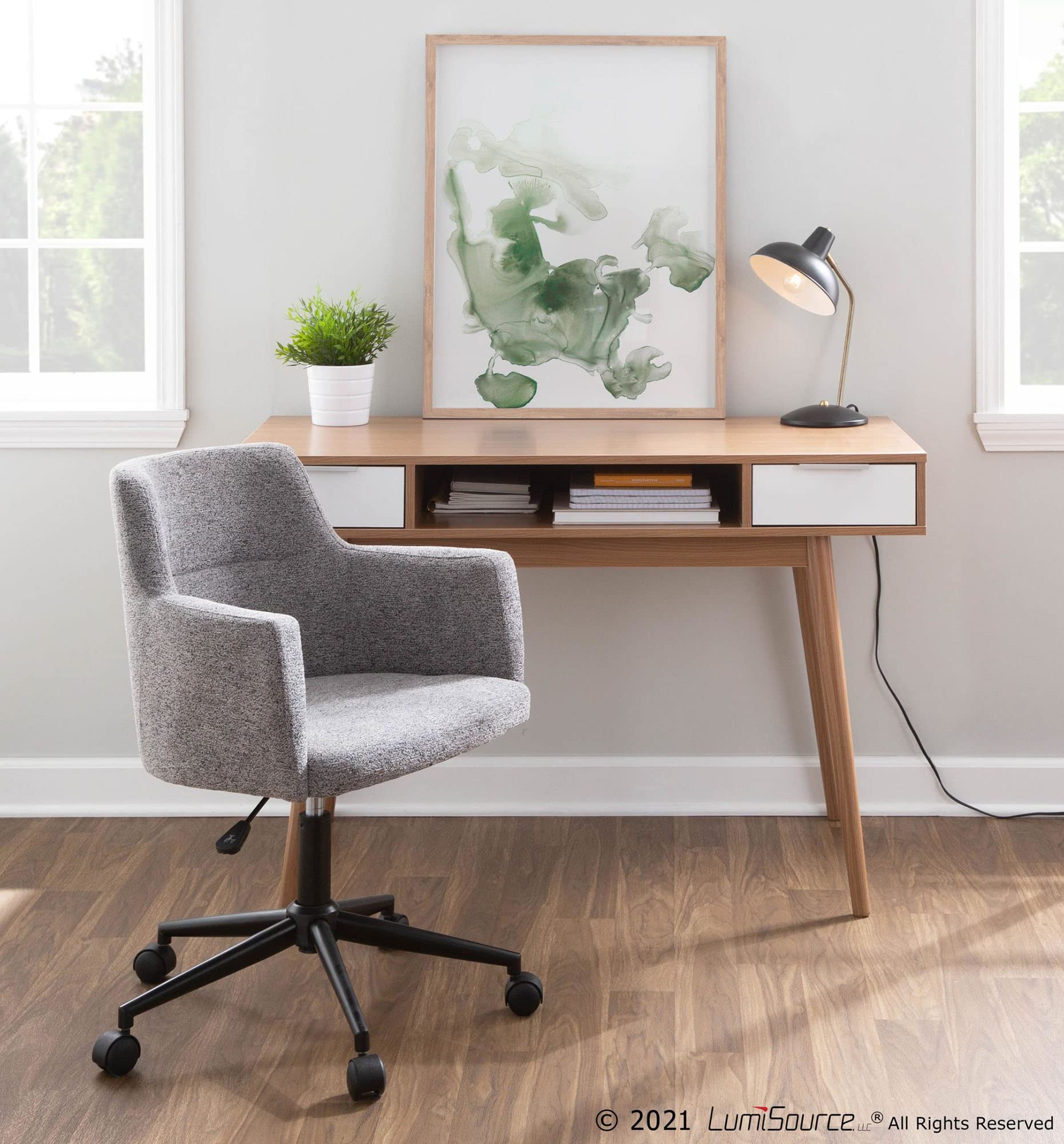 LumiSource Pebble Double Desk - Modern Home Office & Computer Desk with Drawers | Natural Wood & White Finish | Compact Bedroom & Gaming Desk for Small Spaces | Perfect for Remote Work, Study & Gaming Setup