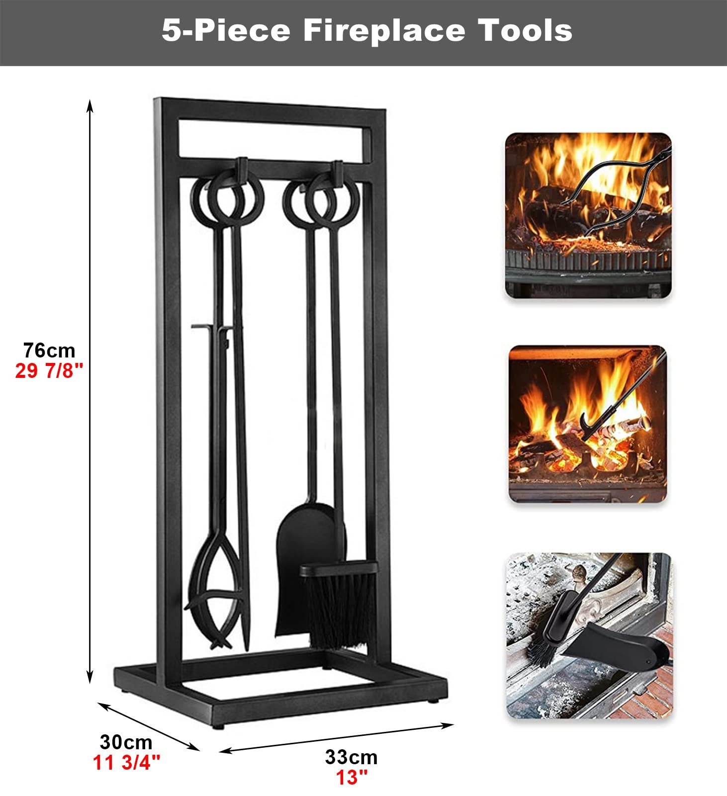 5-Piece Rustic Fireplace Tool Set with Ring Handles - Heavy Duty Iron Fire Pit Accessories for Indoor/Outdoor Use - Includes Log Holder & Poker - Perfect for Fireplace, Campfire & Backyard Gatherings