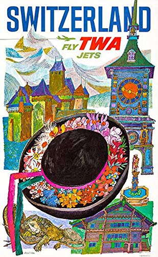 Vintage 1960s TWA Jets Switzerland Travel Poster Magnet - Retro Airline Collectible for Home, Office & Gifts