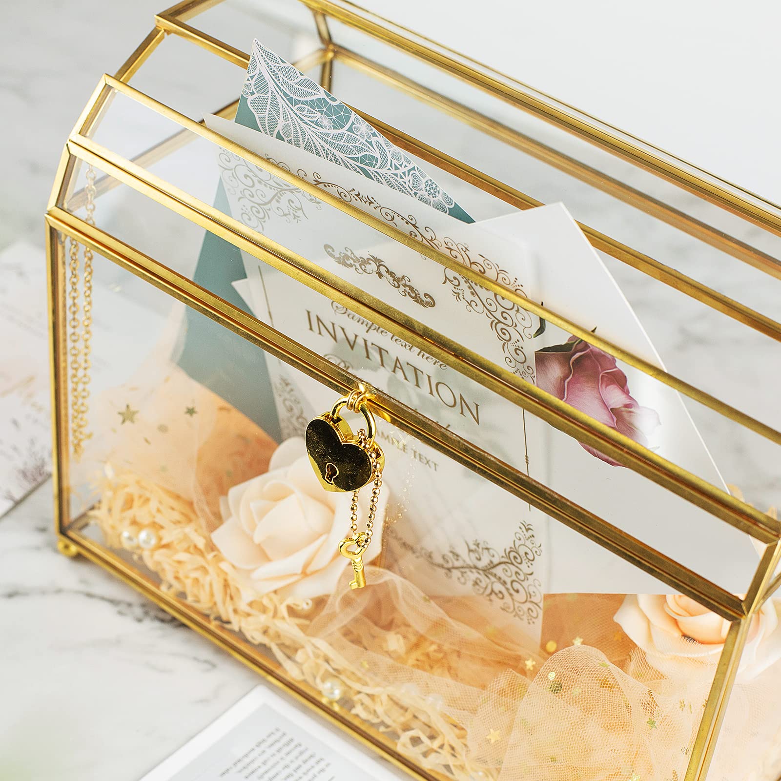 Elegant Gold Wedding Glass Card Box with Secure Heart Lock - Large Clear Card Holder for Wedding Reception, Bridal Shower, Anniversary - Handmade Brass & Glass Display Box Perfect for Wedding Centerpiece & Gift Collection - Ideal for Wedding Decor, Bridal Party, and Special Events