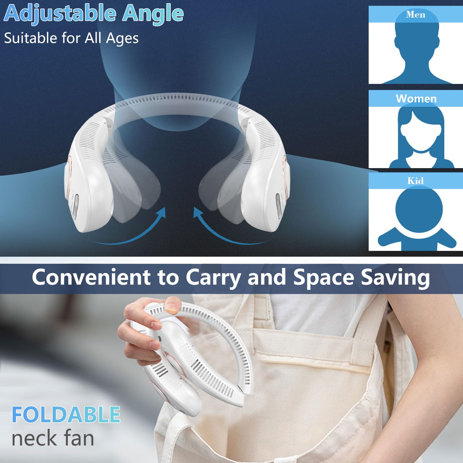 Portable Neck Fan with Water Mist Spray - Rechargeable Folding Cooling Fan for Women, Men & Kids - Wireless Personal Misting Fan for Outdoor, Sports & Travel - Perfect Festival Gift for Dad & Mom (White)