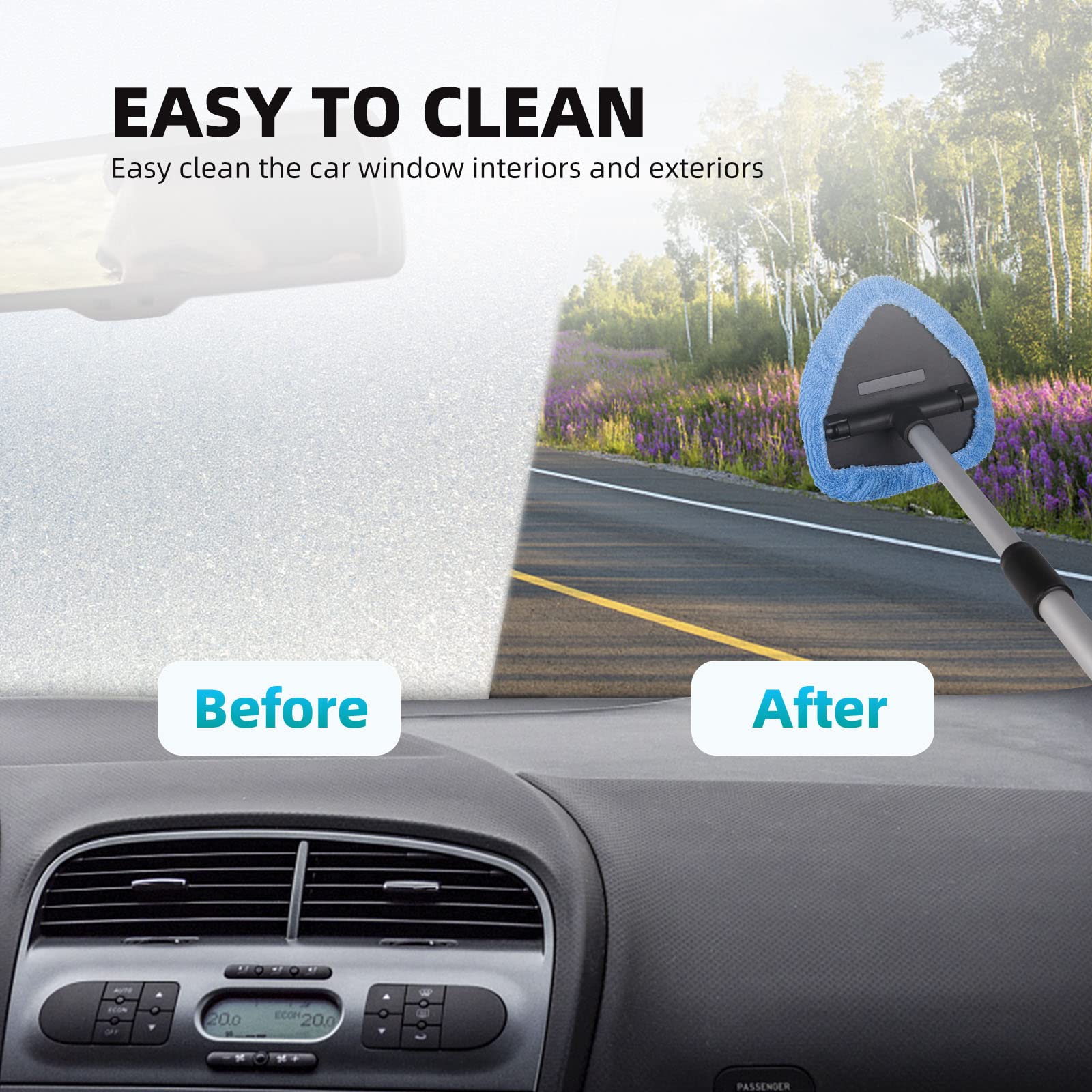 Upgraded Deuvuo Windshield Cleaning Tool - Expandable Car Window Cleaner with 6 Reusable Microfiber Pads & 2 Spray Bottles - Multifunctional Auto Interior Glass Cleaning Wand for Cars, Trucks & SUVs - Perfect for Home, Office & Road Trip Cleaning