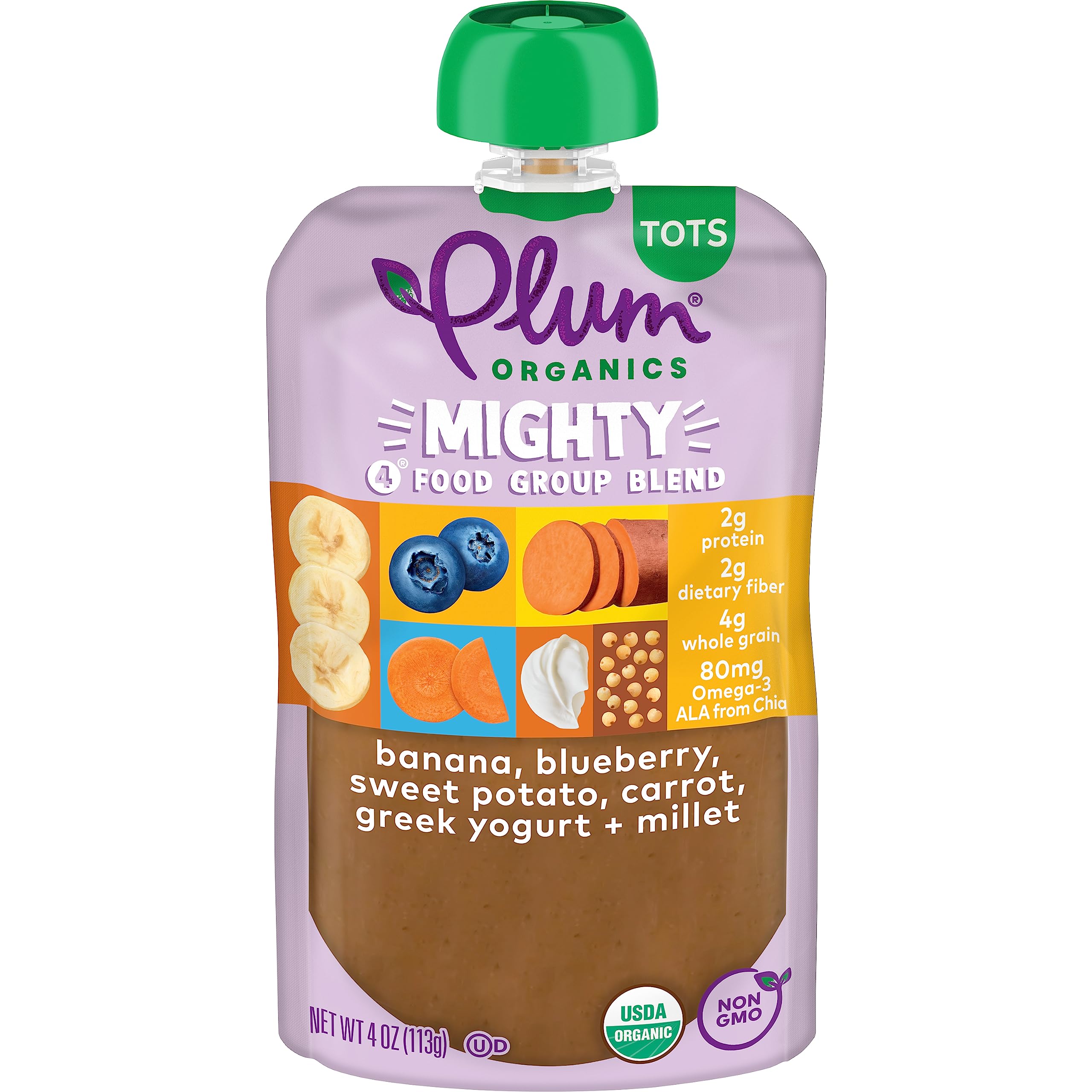 Organic Plum Mighty 4 Toddler Food Pouch - Banana, Blueberry, Sweet Potato & Carrot with Greek Yogurt & Millet - 4oz USDA Certified Baby Food - Perfect for On-the-Go Snacks, Daycare Lunches & Healthy Toddler Meals