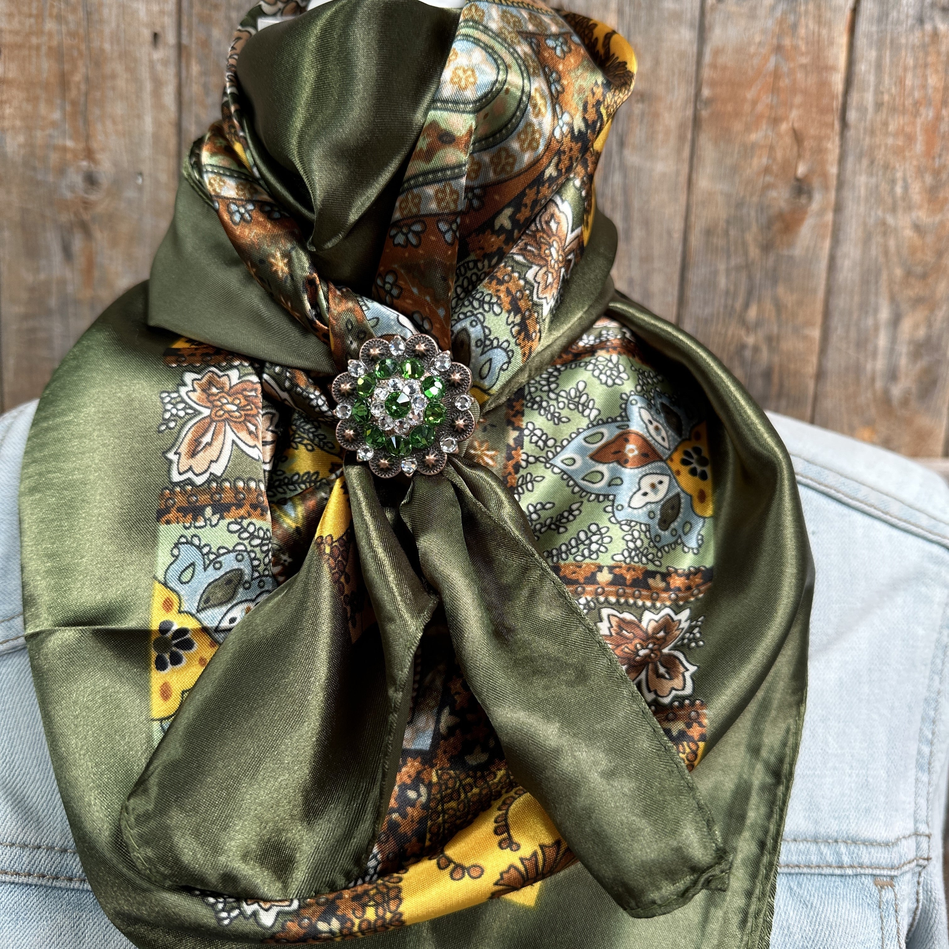 35X35 Olive Green Paisley Wild Scarf with Copper Fern Print - WRC1001B - Perfect for Western Fashion, Horse Riding, and Outdoor Adventures