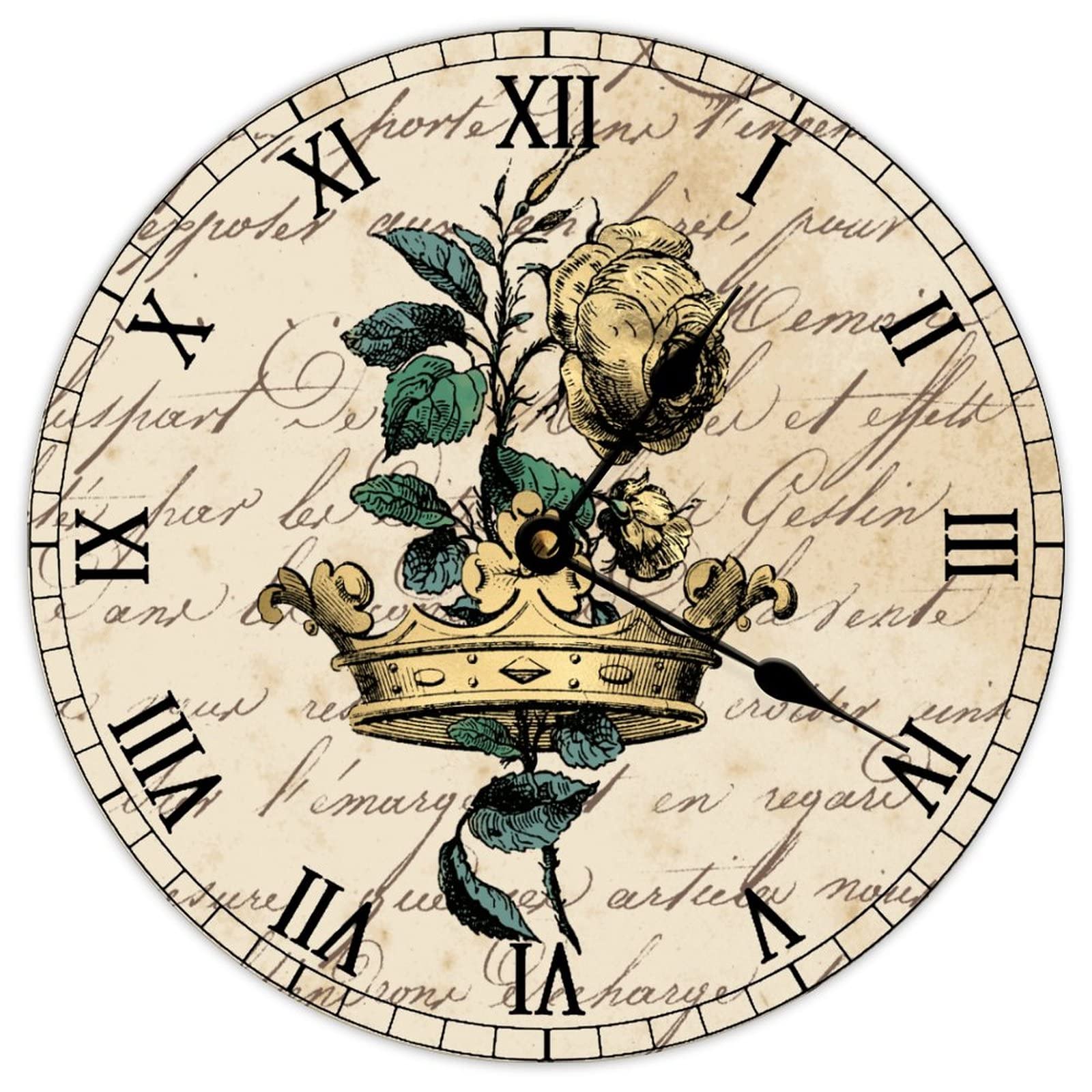 Vintage French Wall Clock with Romantic Crown Rose Design - 10 Inch Battery Operated Wooden Wall Clock - Farmhouse Decor for Kitchen, Living Room, Bedroom & Office - Perfect for Home, Cottage & Vintage Style Interiors