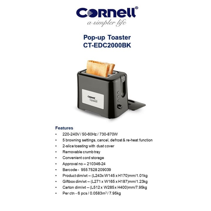 Cornell 2-Slice Pop Up Toaster - CTEDC2000WH (White) & CTEDC2000BK (Black) - Perfect for Breakfast, Dorm Rooms & Small Kitchens