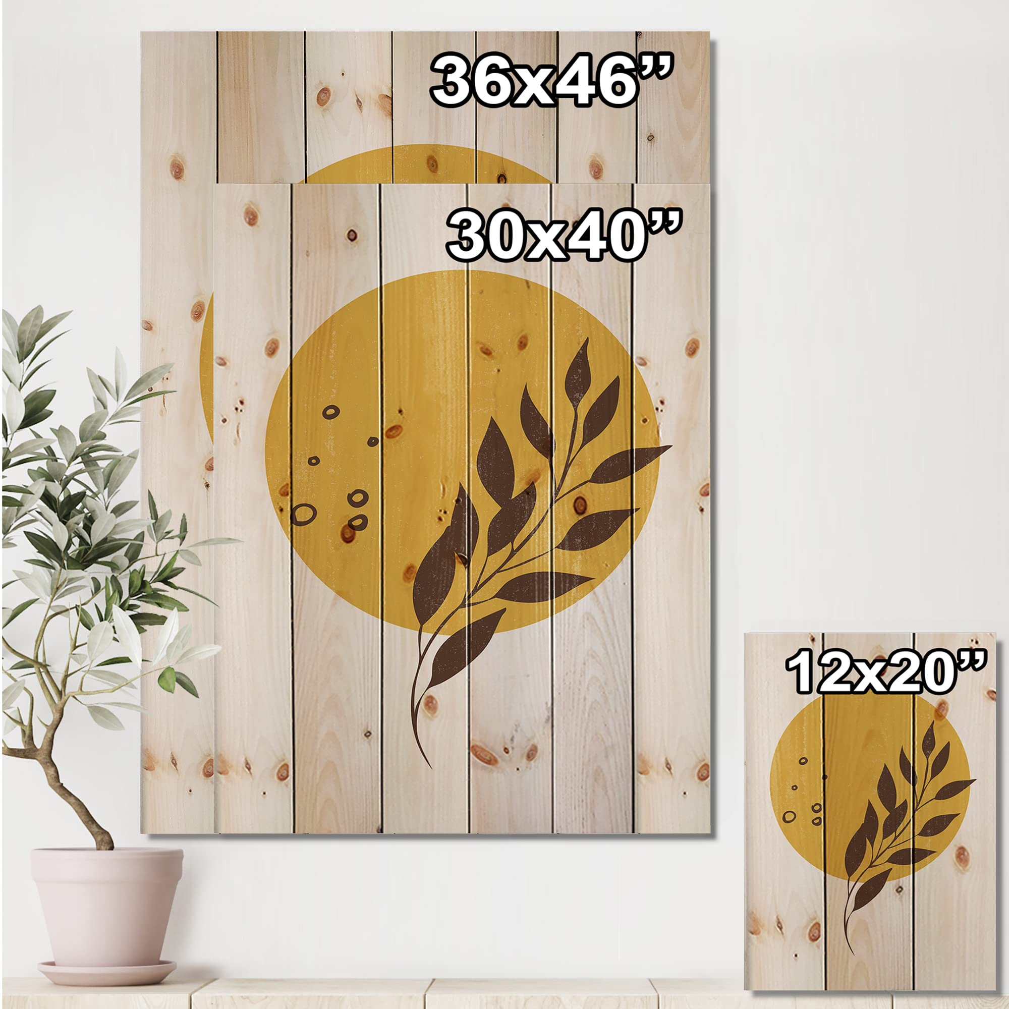 Abstract Yellow Sun & Moon Wood Wall Art - Tropical Leaf Decor for Living Room