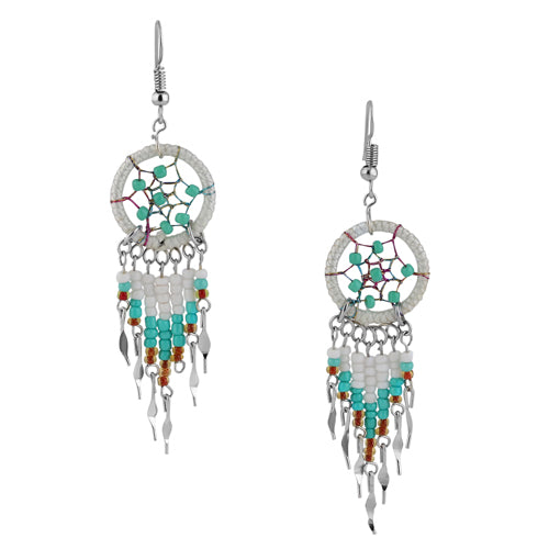 Stainless Steel Dream Catcher Earrings - Off White Silk Thread with Beaded Dangle | Boho Chic Jewelry for Women, Festival Accessories, Everyday Wear
