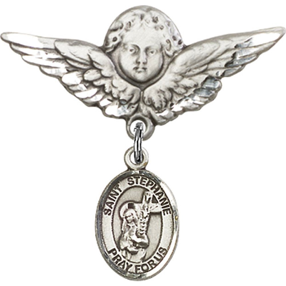 Sterling Silver Baby Badge with St. Stephanie Charm & Angel Wing Pin - 1 1/8 X 1 1/8 Inch - Perfect for Christening, Baptism & Baby Shower Gifts
