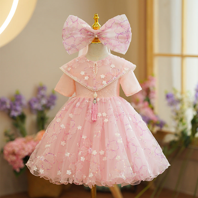 Sparkly Pink Sequin A-Line Flower Girl Dress with Lace Bow & Puff Sleeves - Perfect for Weddings, Pageants & Special Occasions