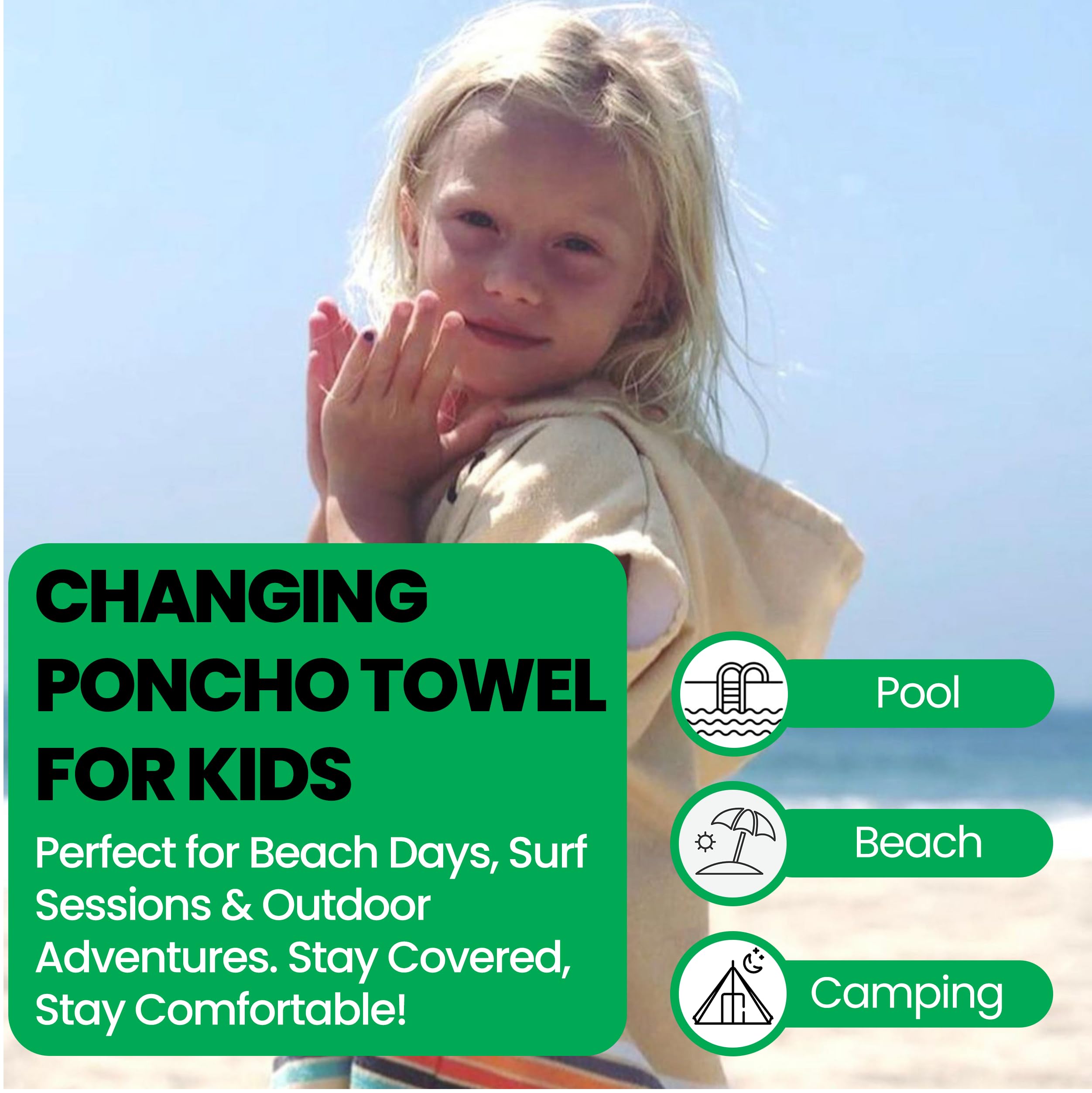COR Surf Poncho Changing Towel Robe with Hood & Front Pocket for Kids - Quick Dry Beach Towel & Blanket for Swimming, Surfing, Camping & Outdoor Activities