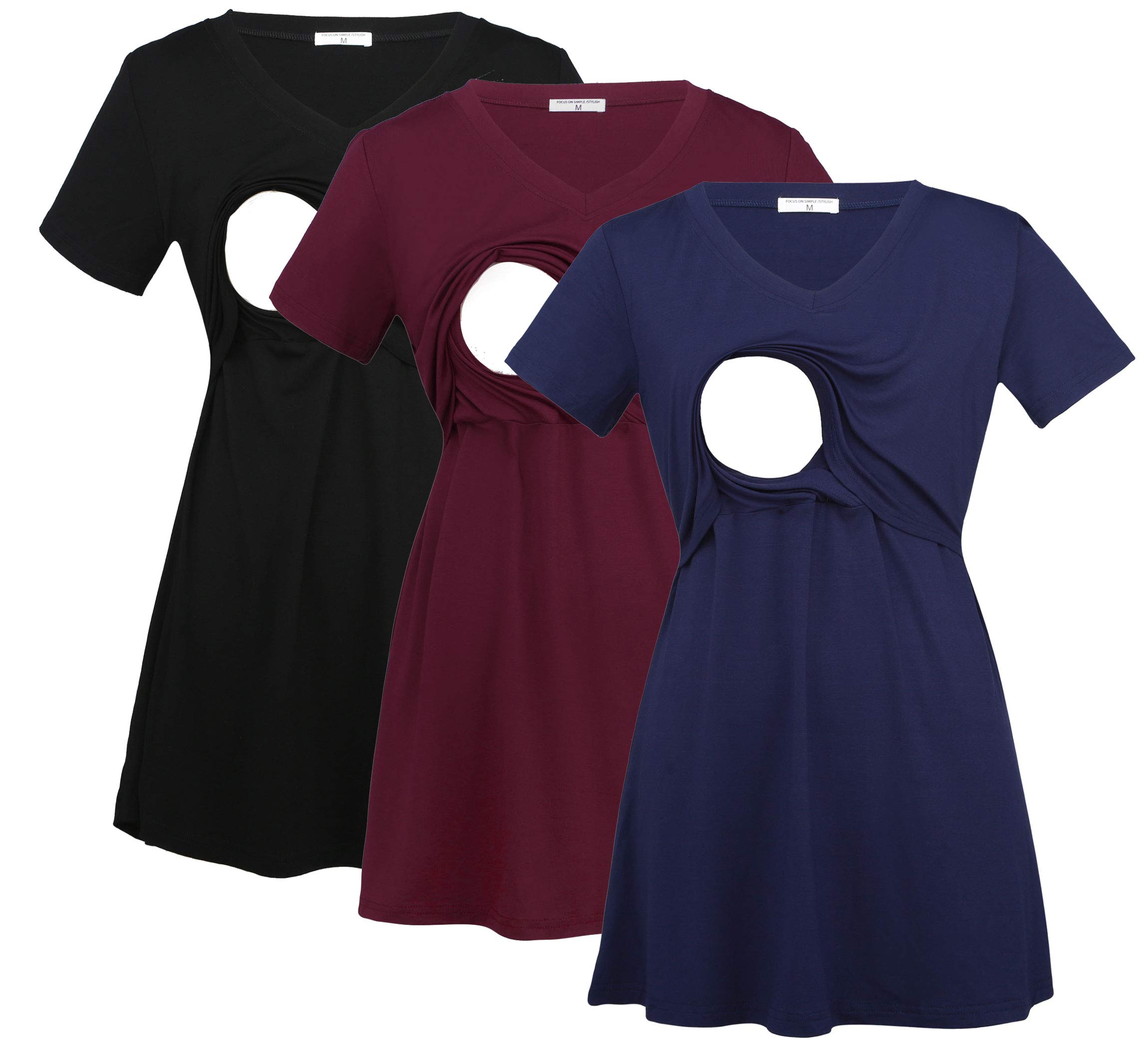 Bearsland Women's 3-Pack V-Neck Nursing Tops - Soft Maternity Breastfeeding Shirts for Comfortable Nursing & Pumping - Perfect for New Moms, Hospital Visits & Everyday Wear