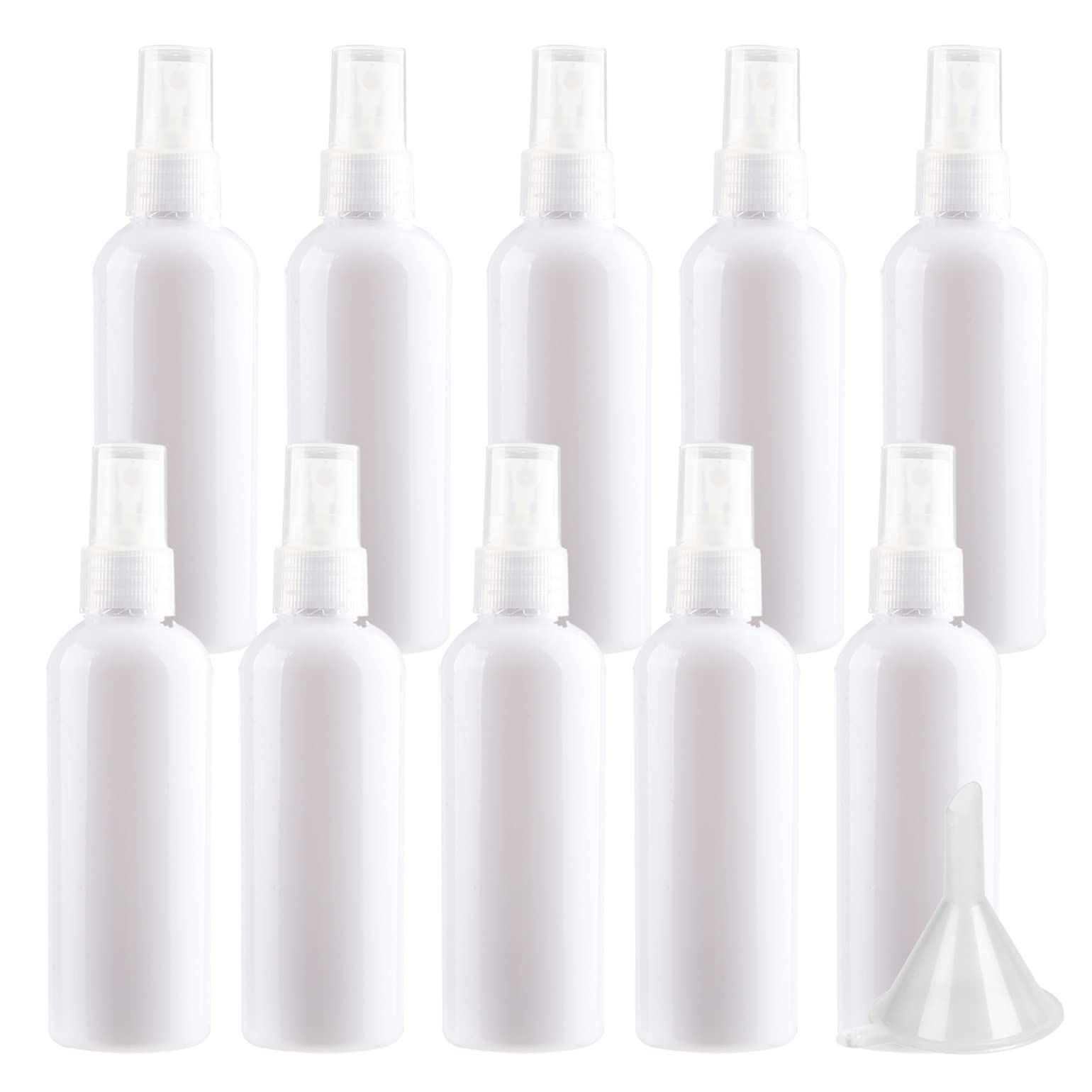 LusDoly 100ml Empty White Plastic Fine Mist Spray Bottles (Pack of 100) with Clear Sprayer & Funnel - Travel Size Refillable Cosmetic Containers for Perfume, Water, Essential Oils, Hair Care & Skincare Products | Perfect for DIY, Salon, Home, Travel & Beauty Storage