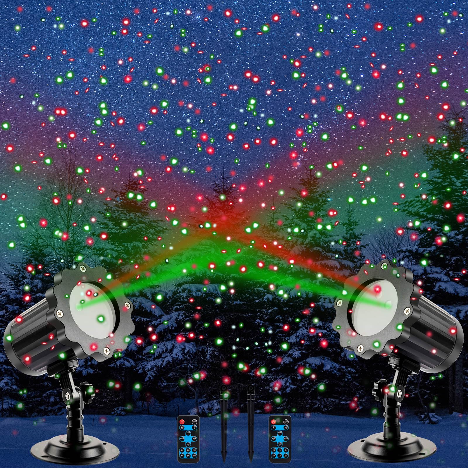 Treela 2-Pack Christmas Projector Lights - RGB LED Motion Holiday Projection for Outdoor Garden, Xmas Party Decor (Red/Green/Starry) - Perfect for Christmas Tree Lighting, Yard Decorations & Holiday Festivities