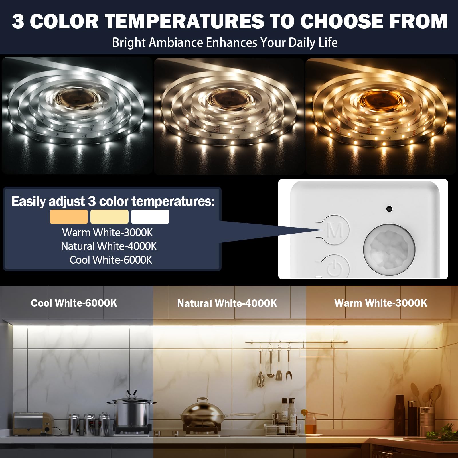 Motion Sensor LED Strip Lights 16.4Ft - Under Bed Lighting with Always On & Night Modes, Flexible Cuttable 3000K-6000K Warm to Cool White - 12V Plug-in Rope Lights for Cabinets, Stairs, Closets (Ideal for Nighttime Safety & Home Decor)