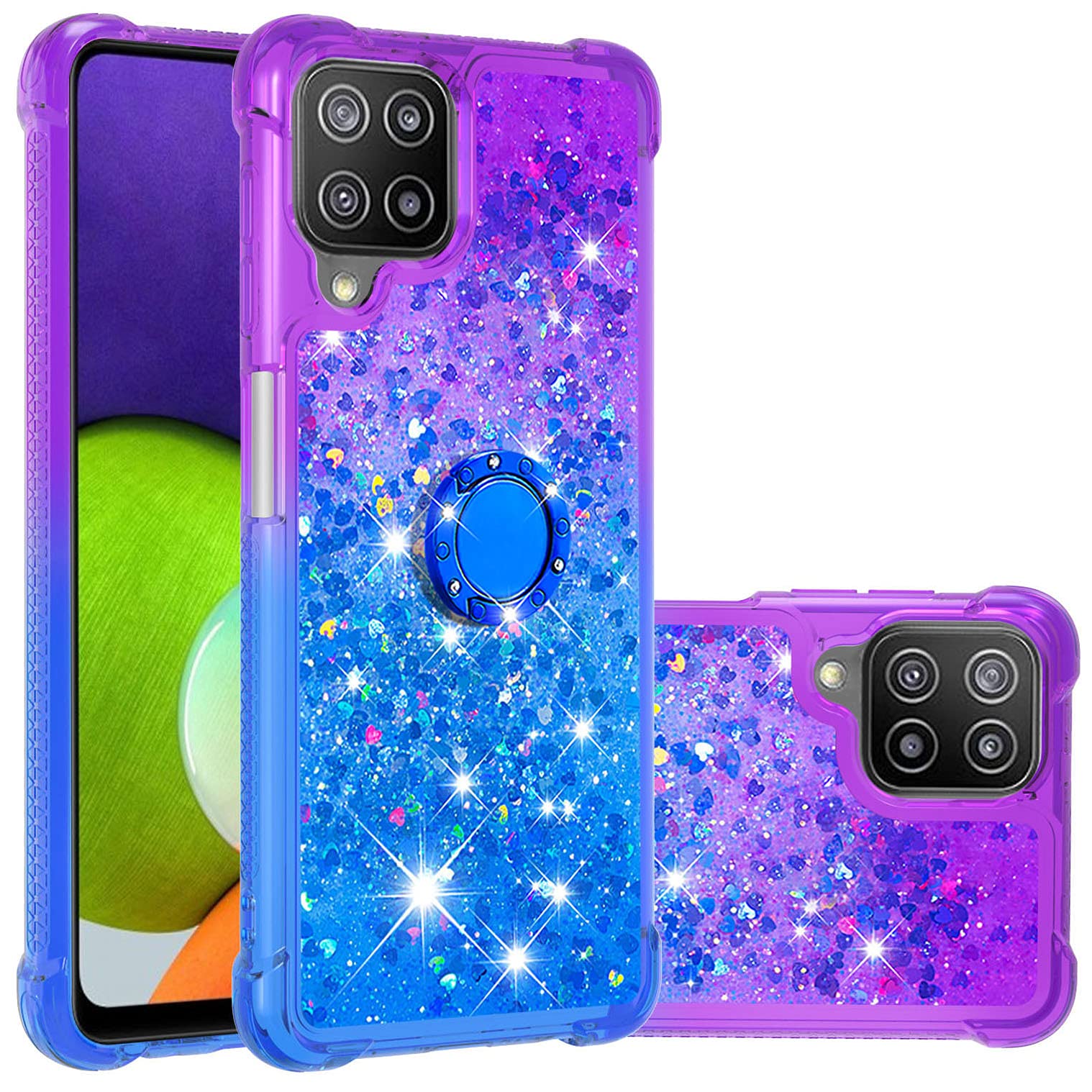 Samsung Galaxy A22 4G Case with Ring Holder - Clear Gradient Quicksand Glitter TPU Cover (Not for 5G Model) | Floating Liquid Design in JB Purple Navy | Perfect for Daily Use, Work & Travel Protection