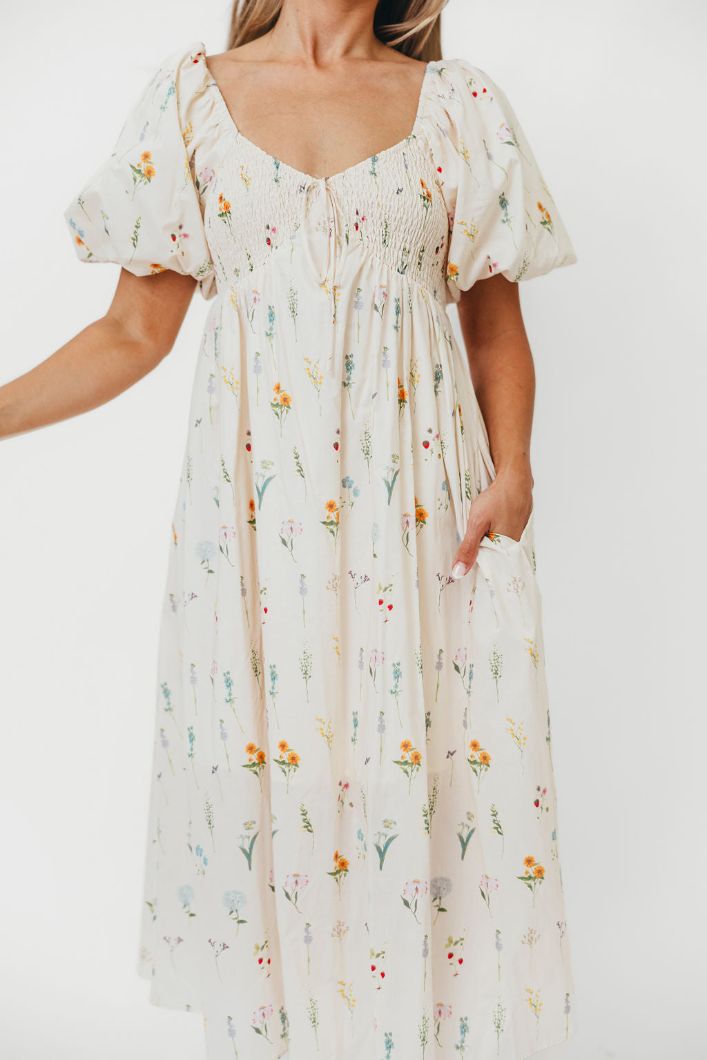 Magnolia Smocked Floral Midi Dress with Adjustable Tie - Perfect for Spring Weddings, Garden Parties & Summer Vacations