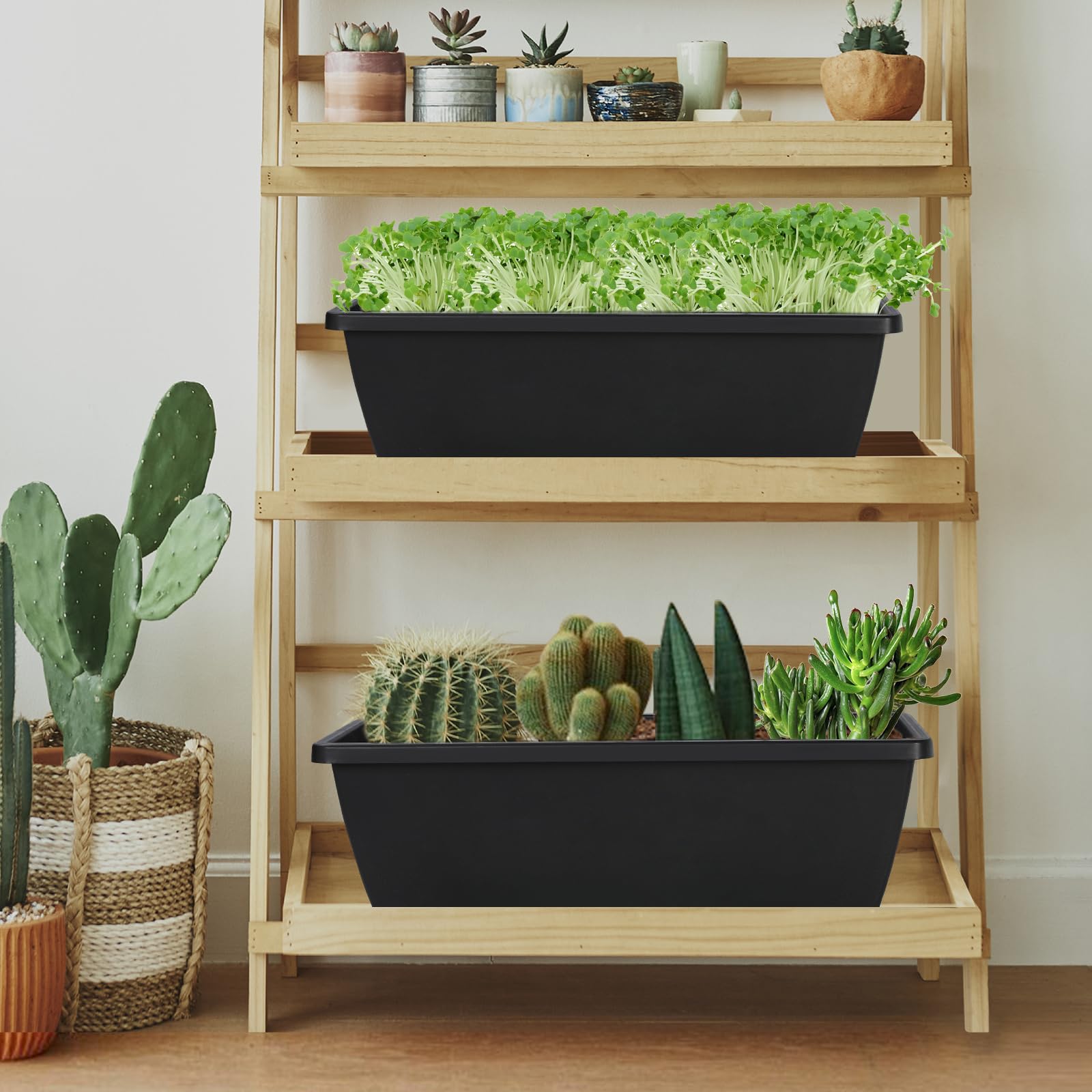 12Pcs 17-Inch Rectangle Plastic Planter Box with Drainage Holes & Trays - Indoor Outdoor Flower Pots for Plants, Patio, Garden, Home Decor, Porch, Yard - Perfect for Herbs, Succulents, Flowers & Vegetable Gardening (Red)