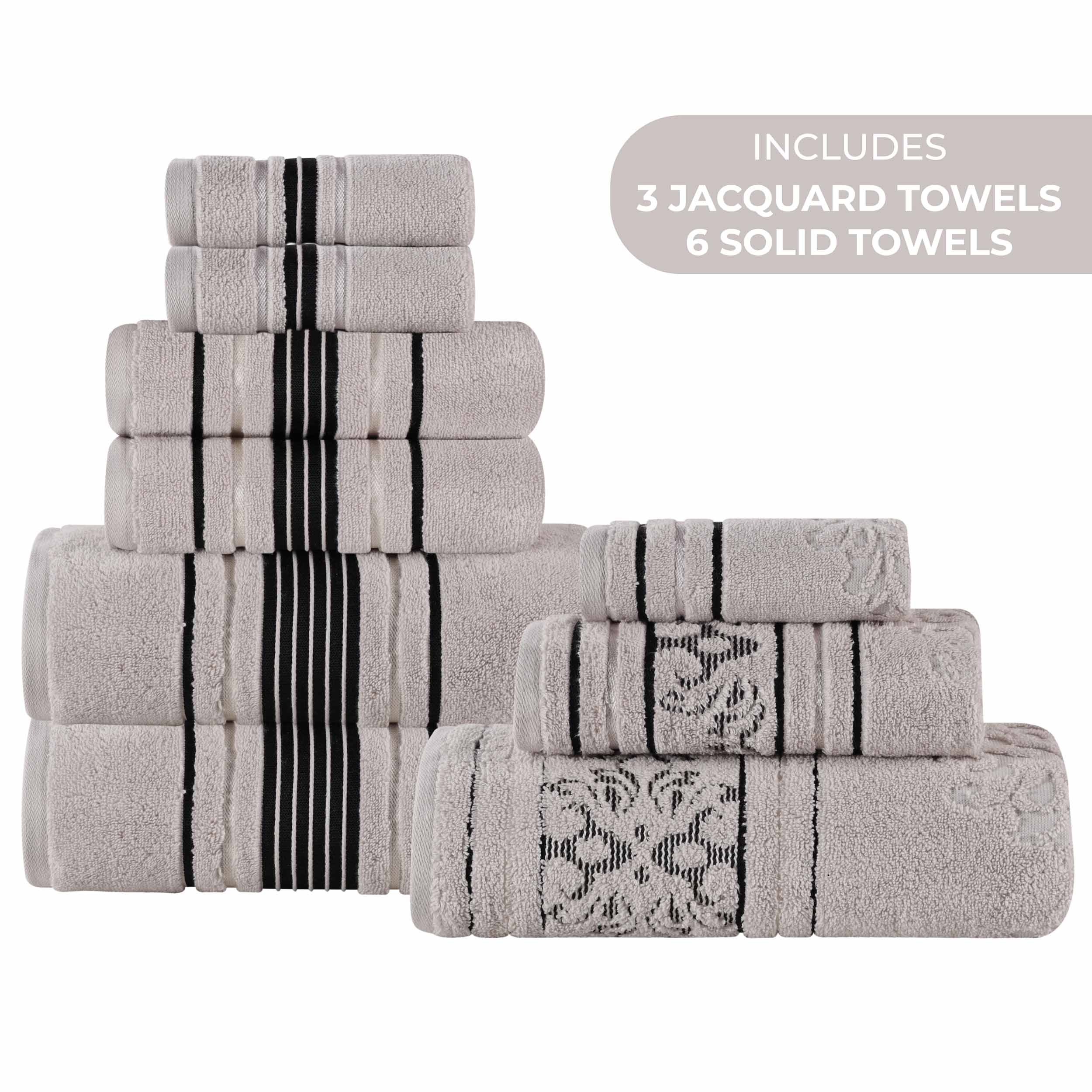 Sadie 9-Piece Zero Twist Cotton Towel Set - Solid & Jacquard Floral Bath Towels, Hand Towels & Washcloths - Soft & Absorbent for Bathroom, Spa & Guest Room