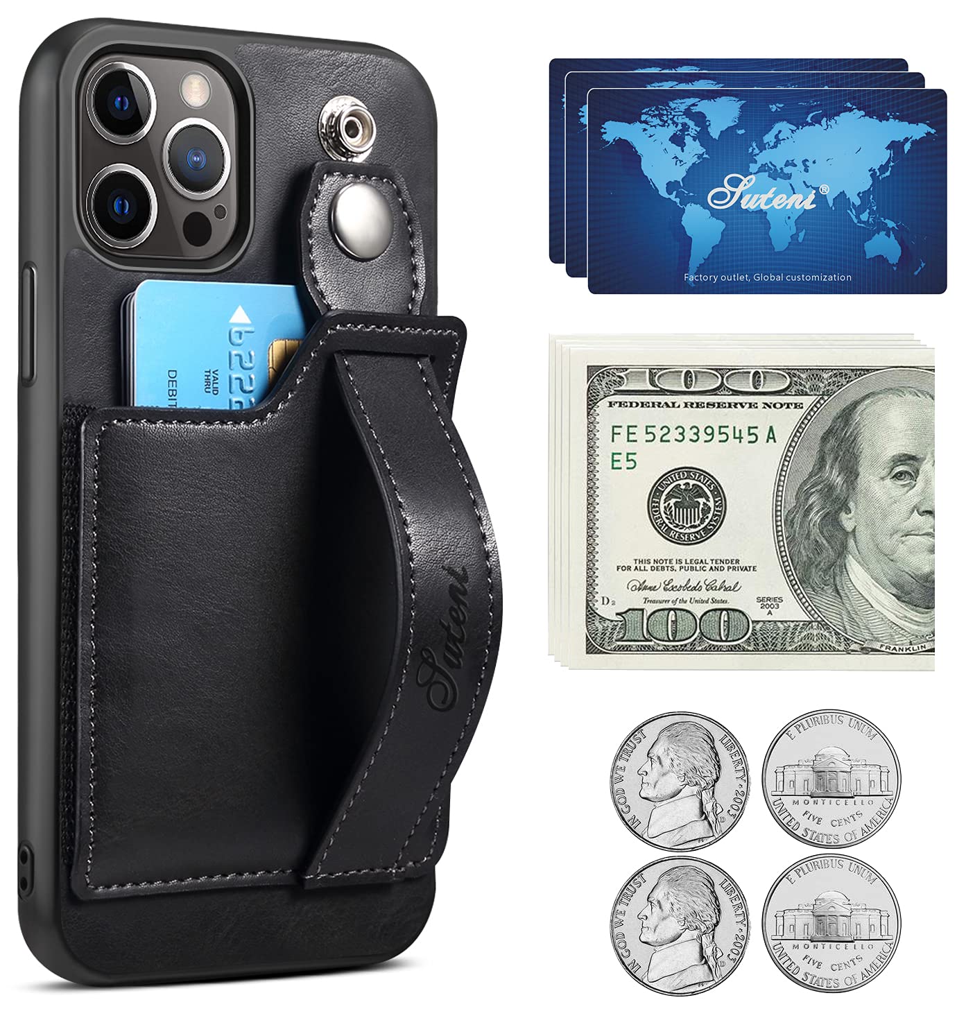Premium Leather iPhone 12/12 Pro Wallet Case with Card Holder & Kickstand | 6.1 Inch Protective Cover with Built-in Screen Protector & Wrist Strap | Slim RFID Blocking Design for Everyday Use, Travel & Business (Black)