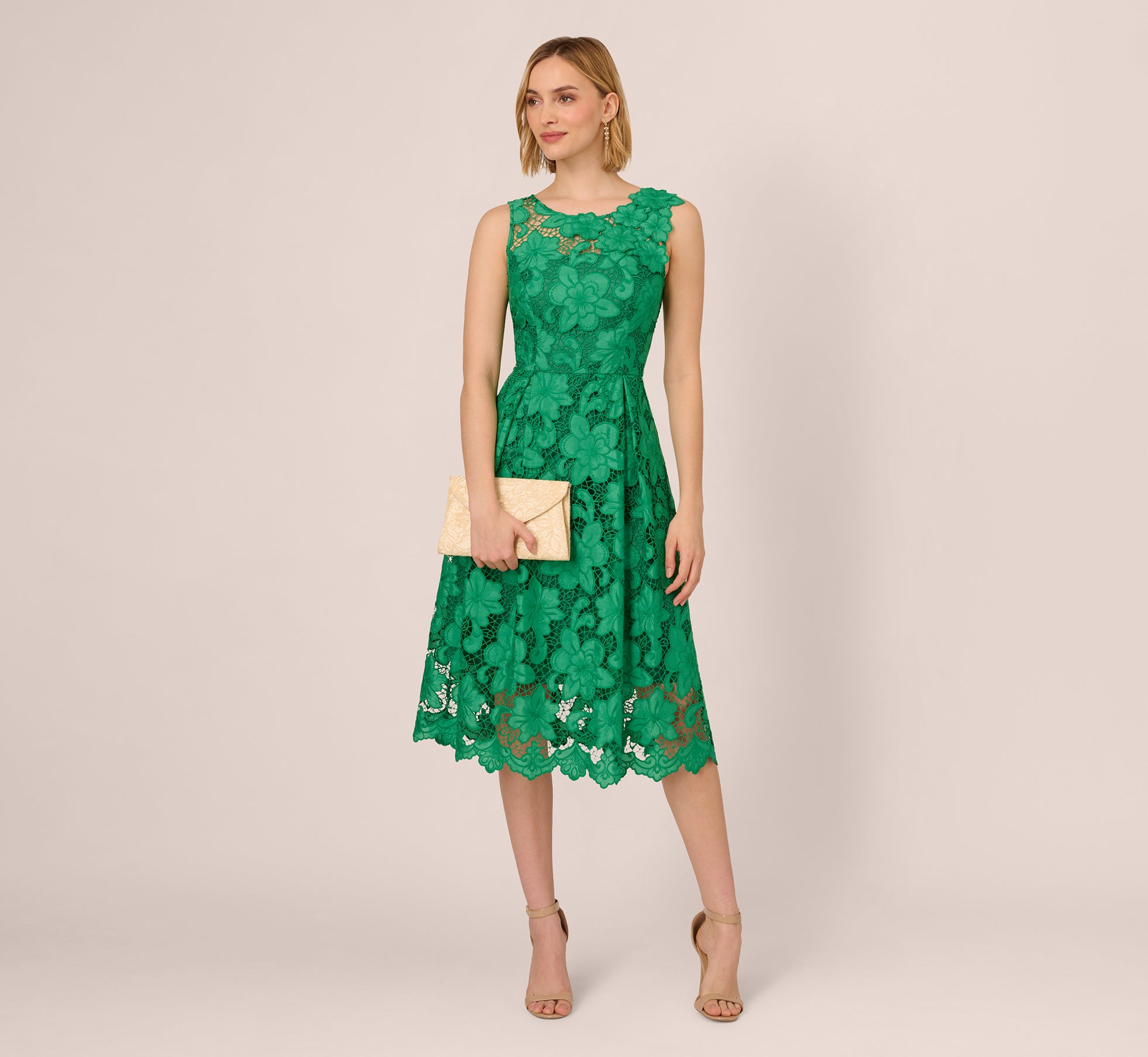 Elegant Green Lace Sleeveless Midi Dress with Sheer Neckline & Hem - Perfect for Summer Weddings, Garden Parties & Date Nights
