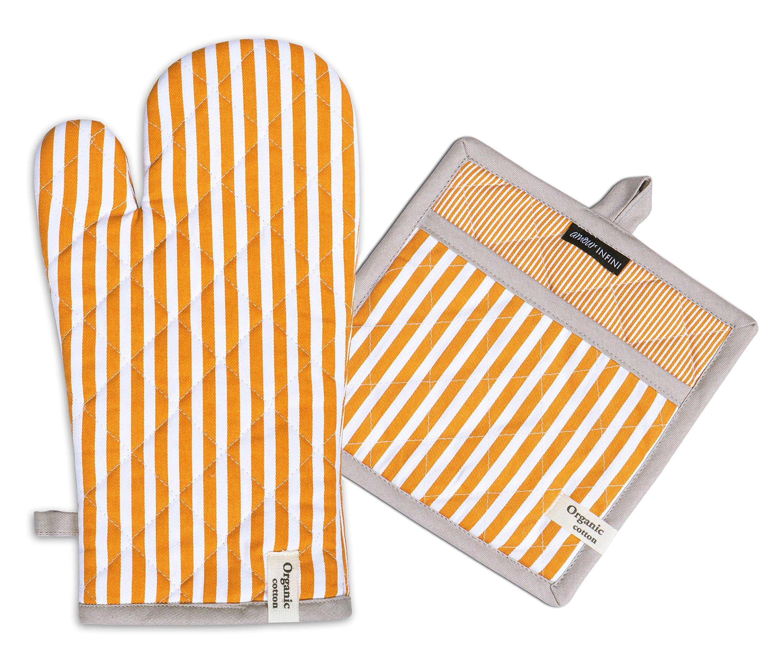 AMOUR INFINI Striped Heat Resistant Oven Mitts & Pot Holders Set - Non-Slip, Reusable Kitchen Accessories (1 Mitt + 1 Holder) - Perfect for Baking, Grilling & Cooking - Yellow