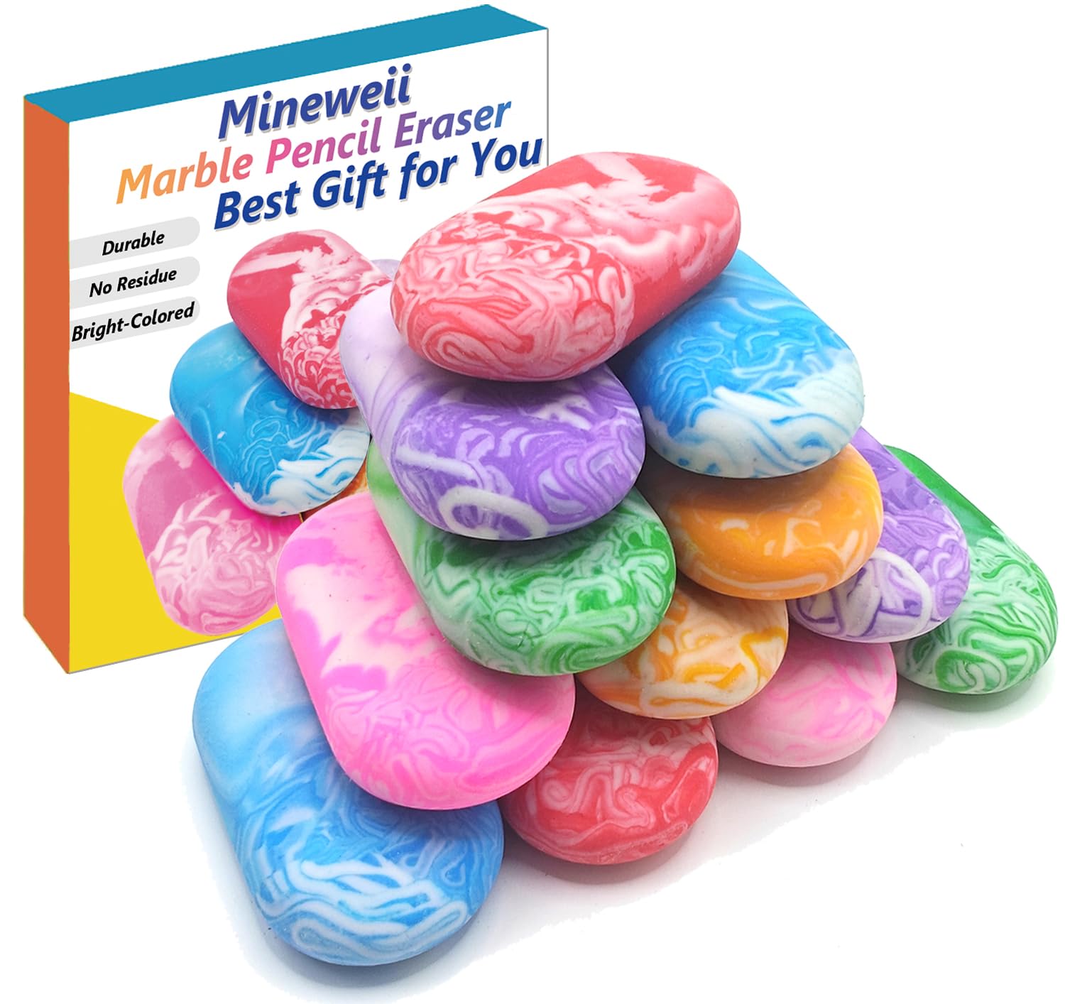 Premium Marble Pencil Erasers - 12 Pack Large Rubber Erasers for Kids, School, Office, Writing & Drawing - Colorful Bulk Eraser Set for Pencils, Art Supplies & Homework (Multicolored) - Perfect for Students, Artists & Professionals