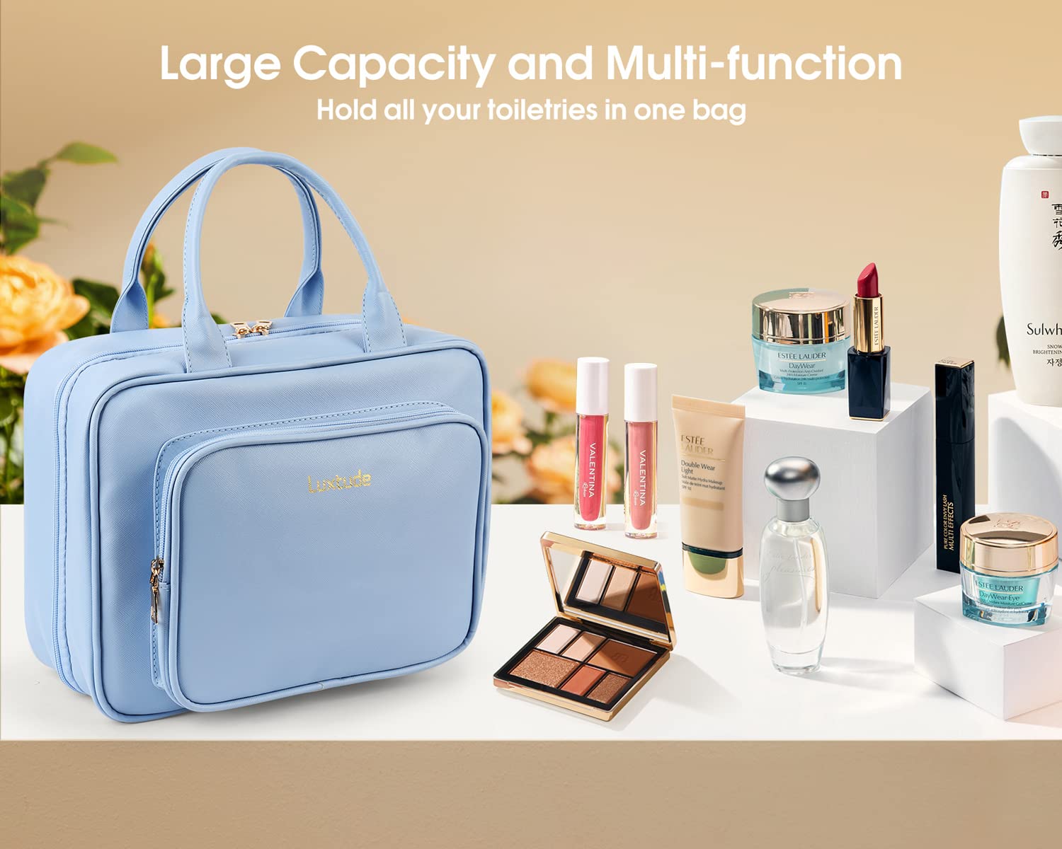 Luxtude Waterproof Leather Hanging Toiletry Bag for Women - Large Travel Makeup Organizer with 360° Hook - Perfect for Cosmetic Storage, Bathroom Shower Essentials & Travel Accessories | Ideal for Vacation, Gym, Business Trips & Daily Use