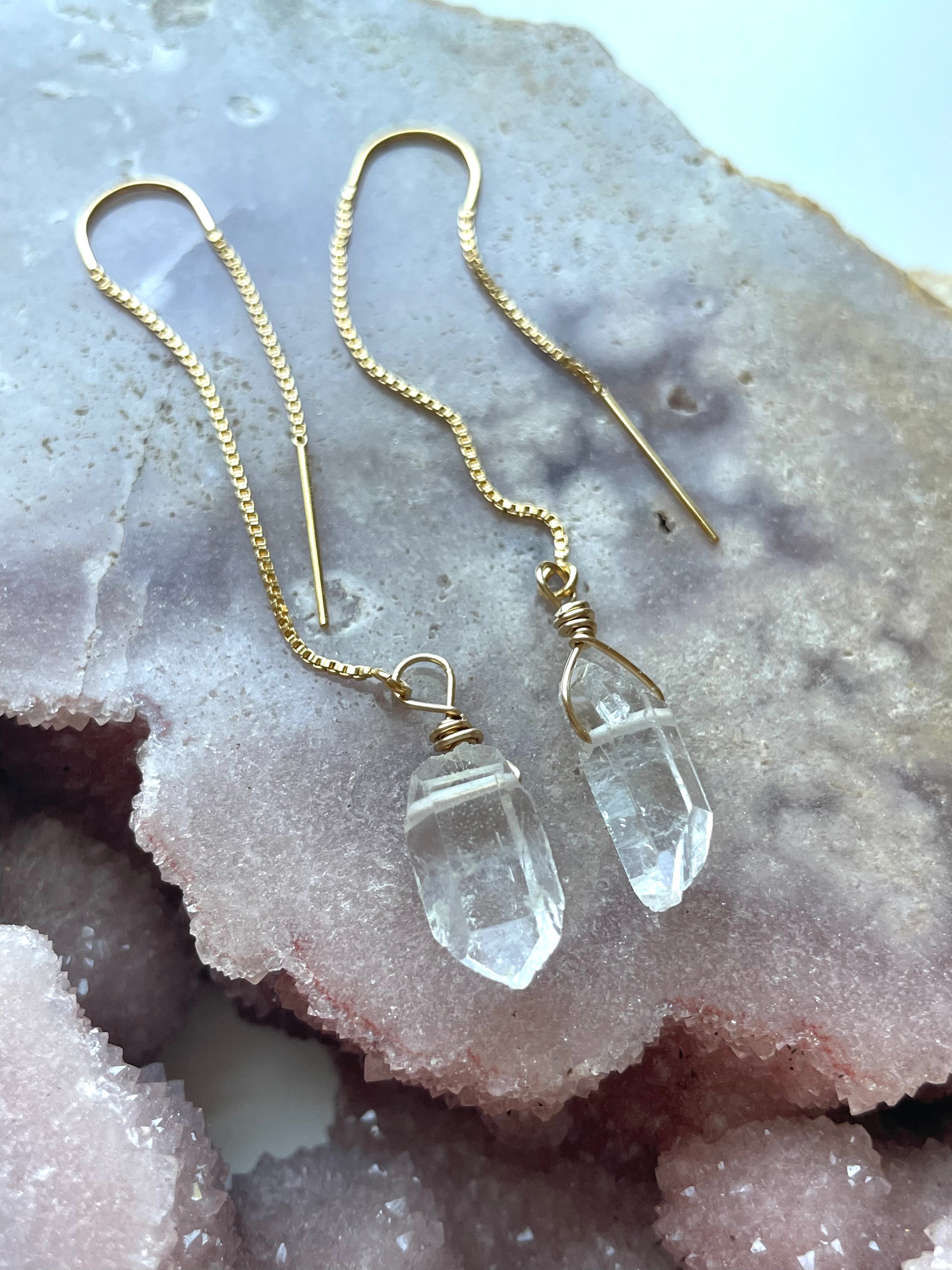 Raw Crystal Quartz Threader Earrings - Gold Filled or Sterling Silver Dangle Earrings for Women | Boho Chic Jewelry for Everyday Wear & Special Occasions