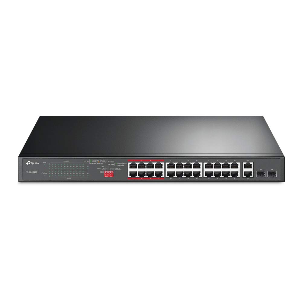 TP-Link TL-SL1226P 24-Port PoE+ Gigabit Unmanaged Ethernet Switch with 2 SFP Slots & 250W Power Budget - Ideal for Office Networks, IP Camera Systems & Small Business Rackmount Setup