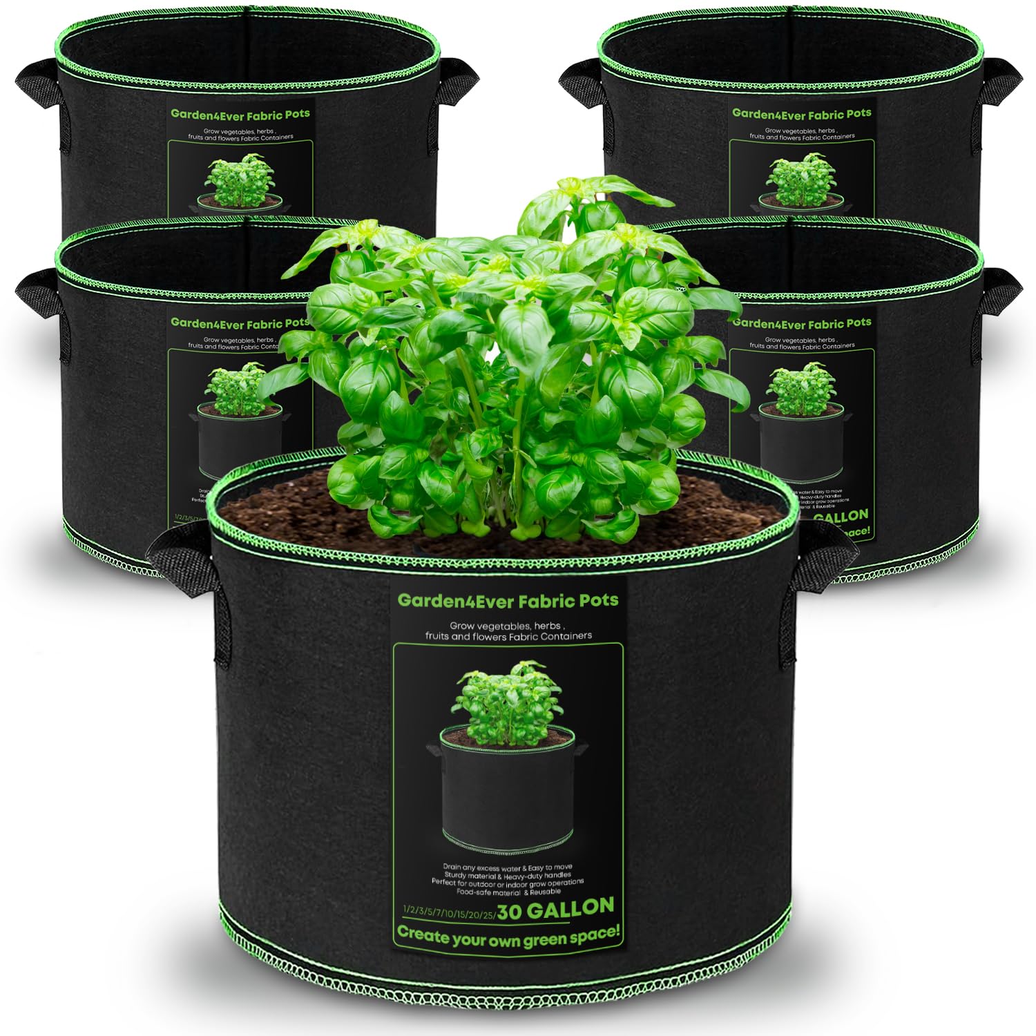 5-Pack 30 Gallon Heavy Duty Grow Bags - Thickened Nonwoven Fabric Plant Pots with Handles for Vegetables, Fruits & Large Plants - Ideal for Gardening, Farming & Outdoor Planting