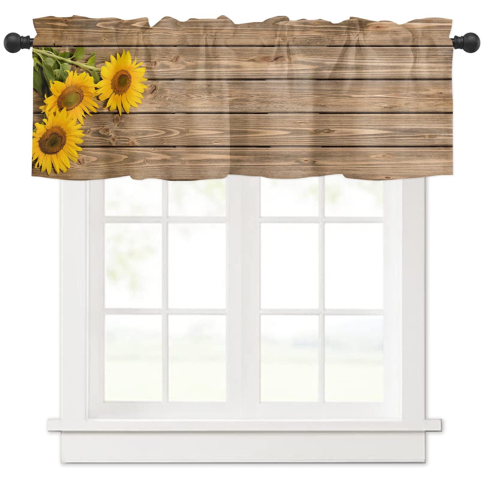 OneHoney Yellow Sunflower Valance Kitchen Curtains - Farmhouse Rod Pocket Window Treatment, Retro Brown Plank Short Valances for Kitchen, Bathroom & Living Room - Perfect for Country Style Decor, Cafe Windows & Cozy Home Atmosphere