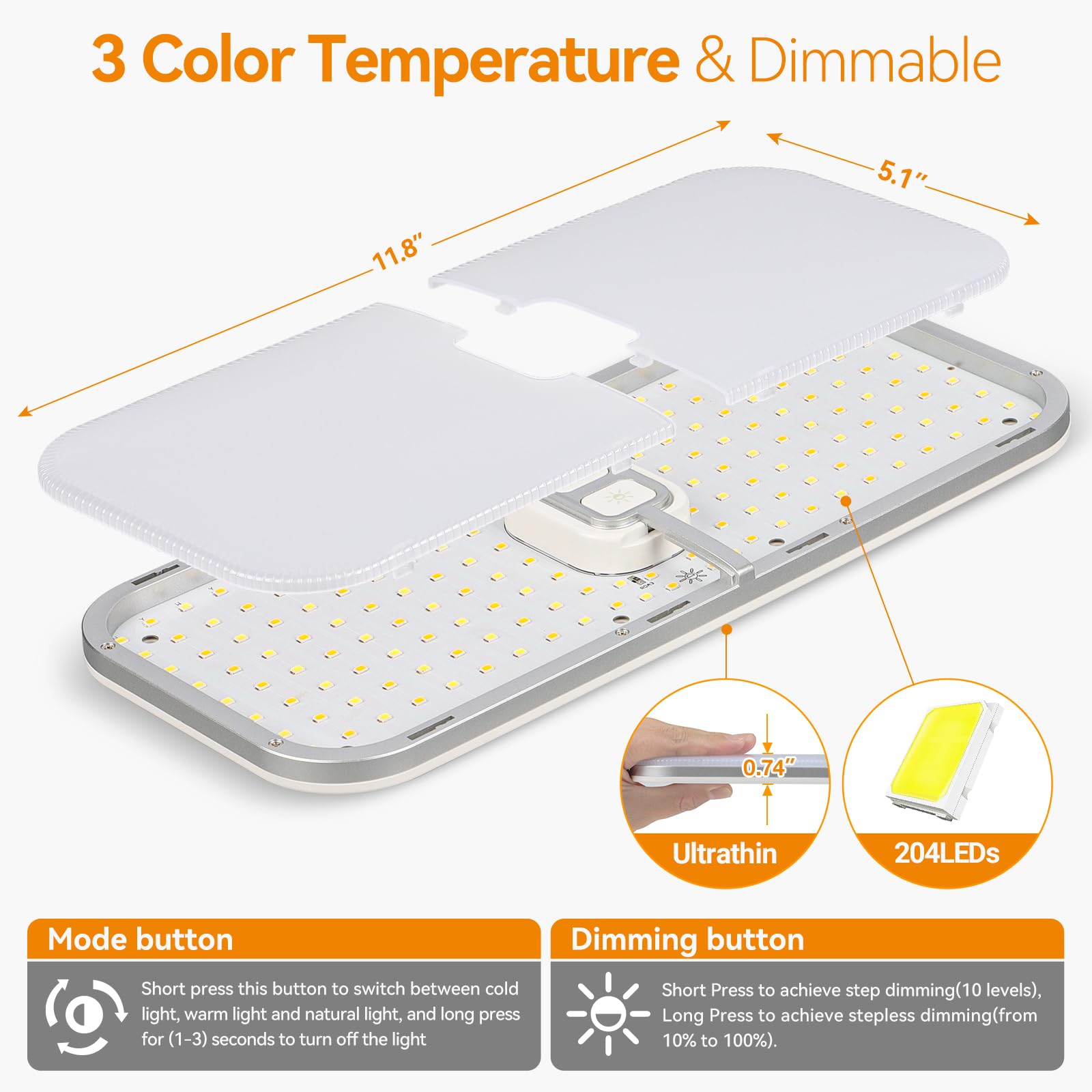 CT CAPETRONIX RV Interior Lights - 3 Color TEM Camper Lights with 204 Dimmable LEDs, 12V LED Dome Light Fixture with Switch (Warm/Cool/Natural White) - Perfect for RV, Camper, Trailer & Boat Ceiling Lighting (4 Pack)